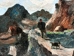 Contemporary British Oil Painting Man and His Dog Walking On The Rocks, signed