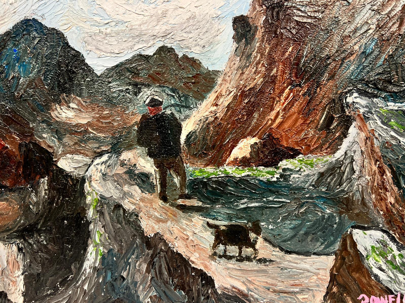 Contemporary British Oil Painting Man and His Dog Walking On The Rocks, signed  For Sale 1