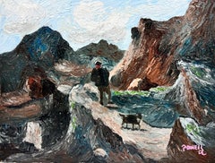 Contemporary British Oil Painting Man and His Dog Walking On The Rocks, signed 