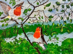 Contemporary British Painting 2 Robins Birds in a Holly Tree