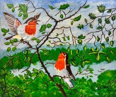 Contemporary British Painting 2 Robins Birds in a Holly Tree