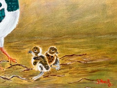 Modern Acrylic Painting of Bird with 3 Chicks, Signed Artwork
