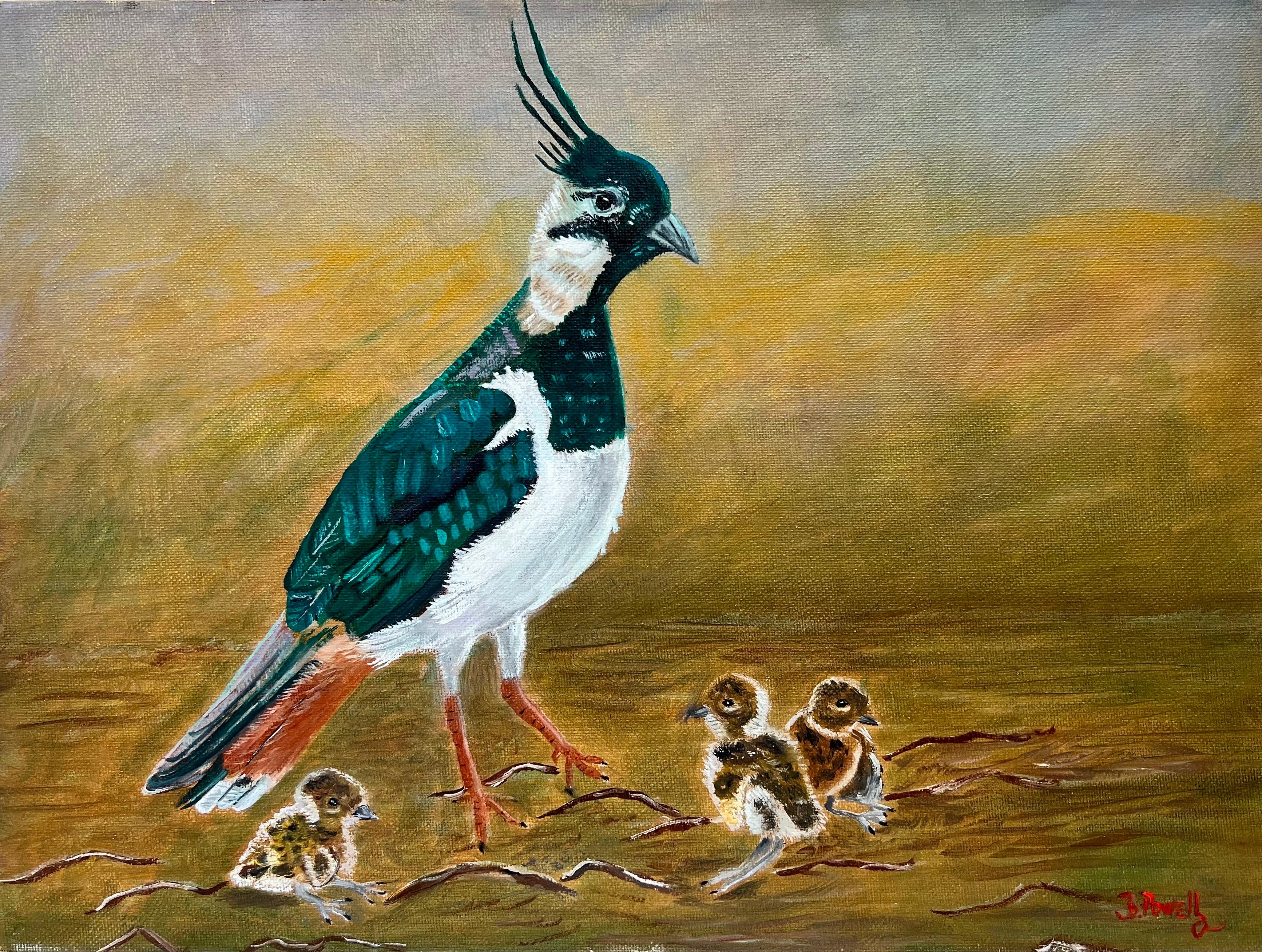 Zeitgenössisches britisches Gemälde eines Vogels mit 3 Küken