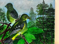 Contemporary British Painting Green Parrot/ Budgerigar/ Chaffinch Birds On Tree