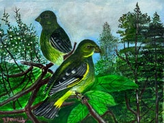 Peinture britannique contemporaine d'oiseaux perroquets, bourgeons et carafes verts sur arbre