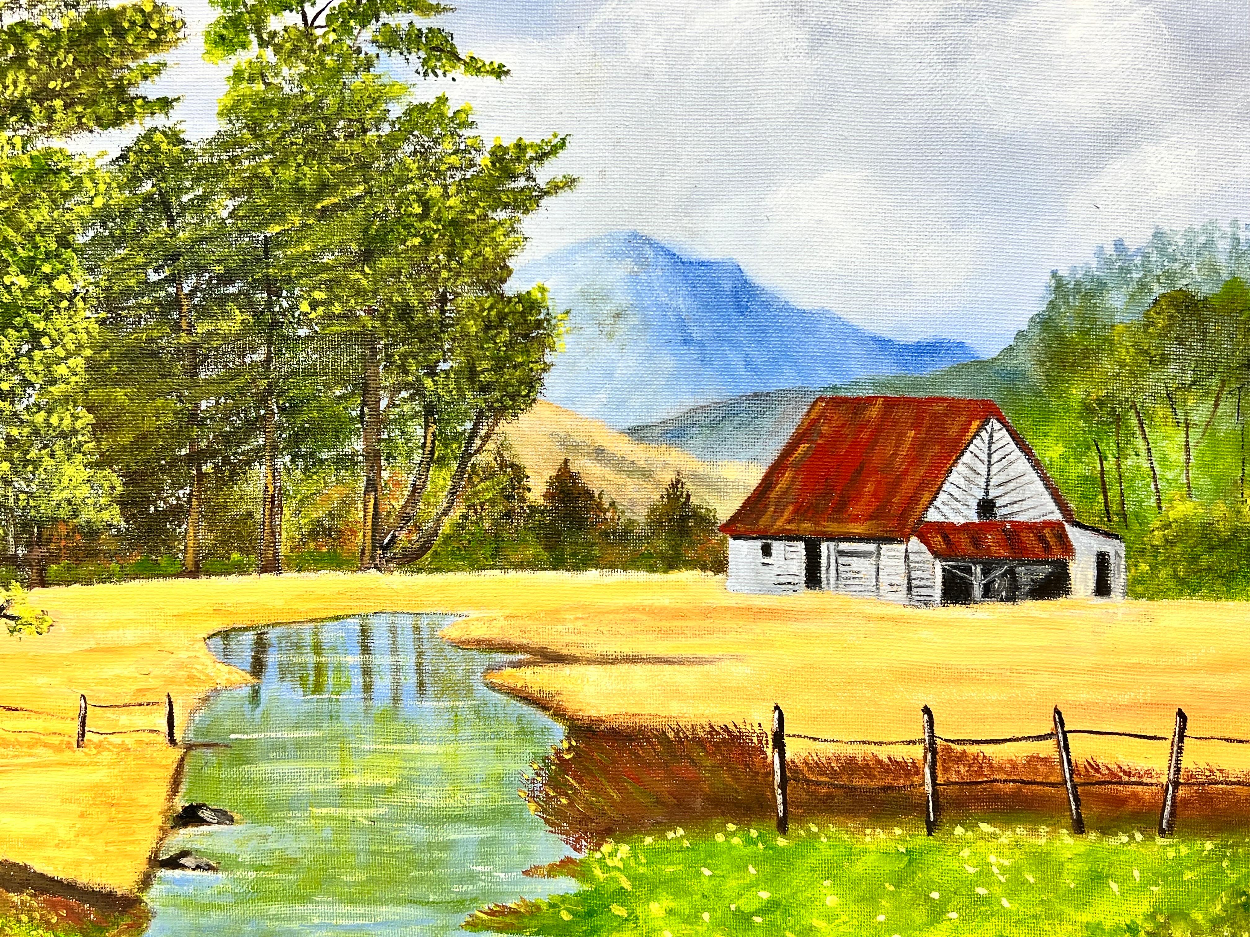 Pittura a olio contemporanea Welse Naive Cottage in Valley beside Stream - Painting di Ben Powell