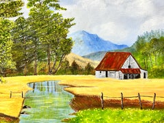 Contemporary Welse Naive Oil Painting Cottage in Valley beside Stream