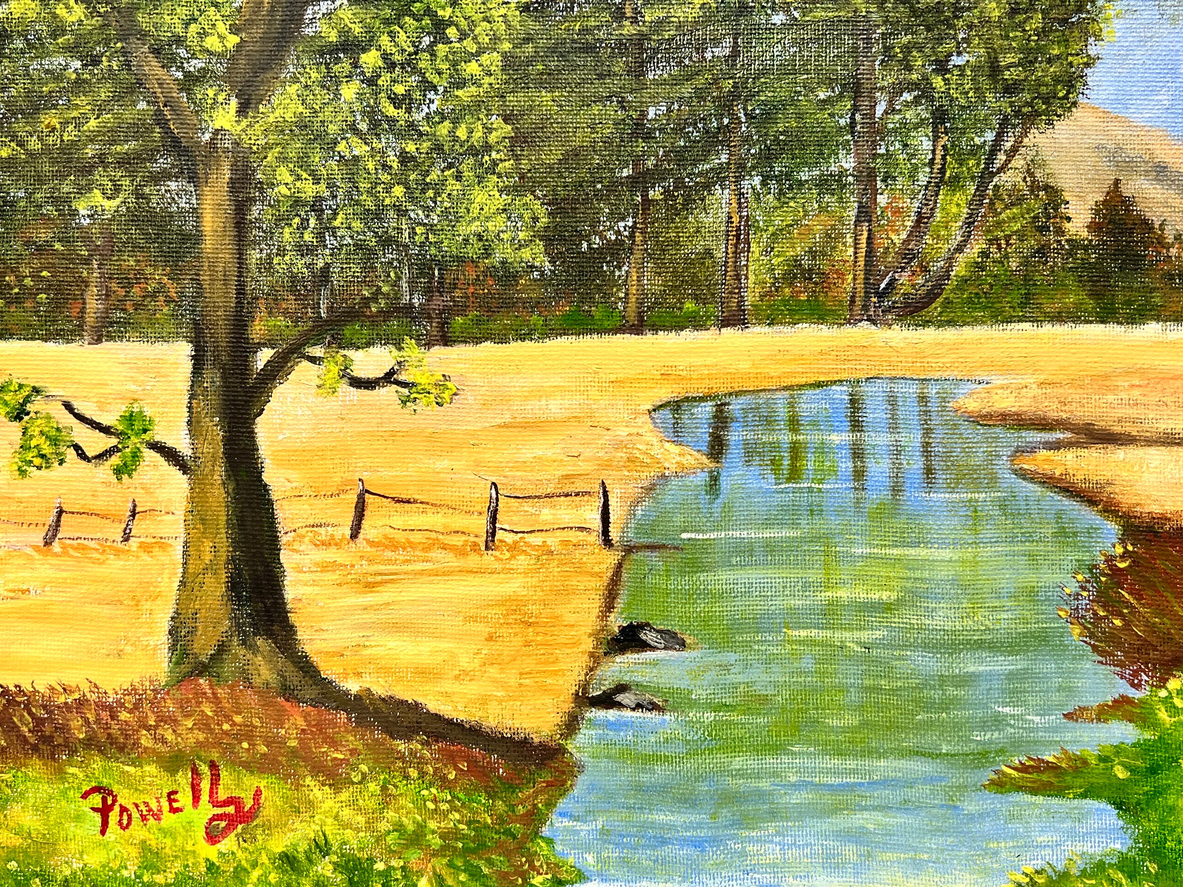 Pittura a olio contemporanea Welse Naive Cottage in Valley beside Stream - Landscape Painting Beige di Ben Powell