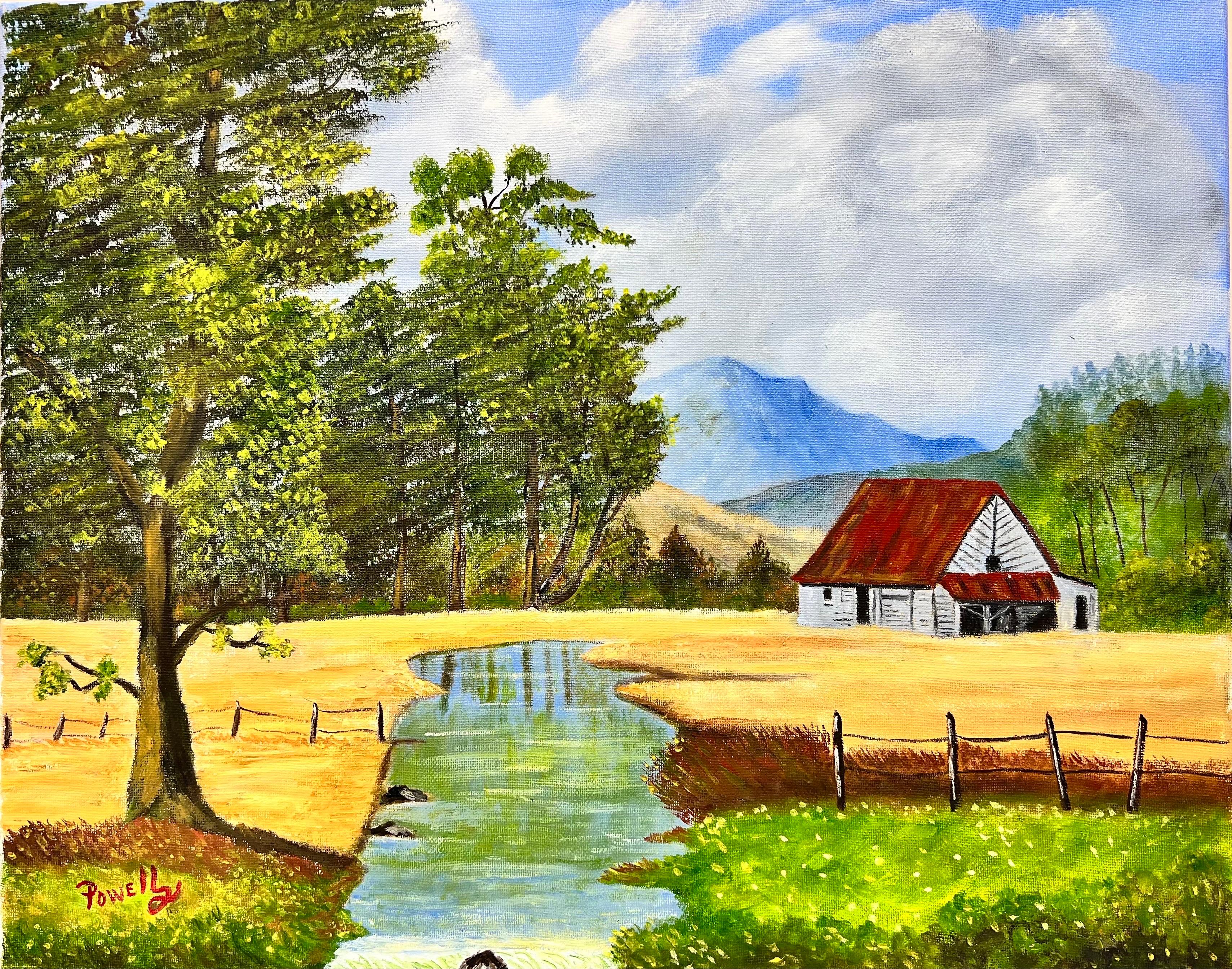 Landscape Painting di Ben Powell - Pittura a olio contemporanea Welse Naive Cottage in Valley beside Stream