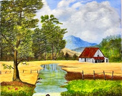 Contemporary Welse Naive Oil Painting Cottage in Valley beside Stream