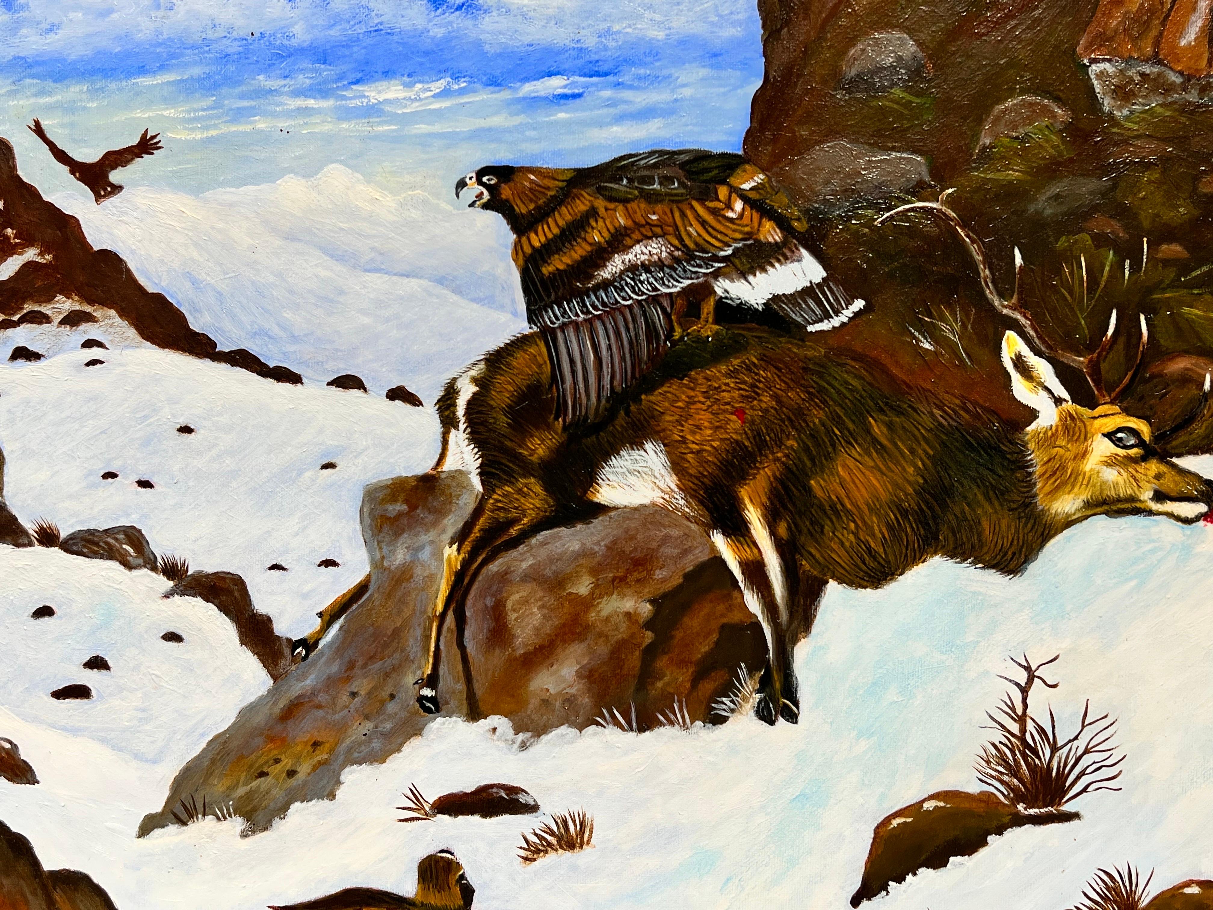 Deer & Eagle Winter Snow Scottish Landscape Signed British Painting For Sale 1