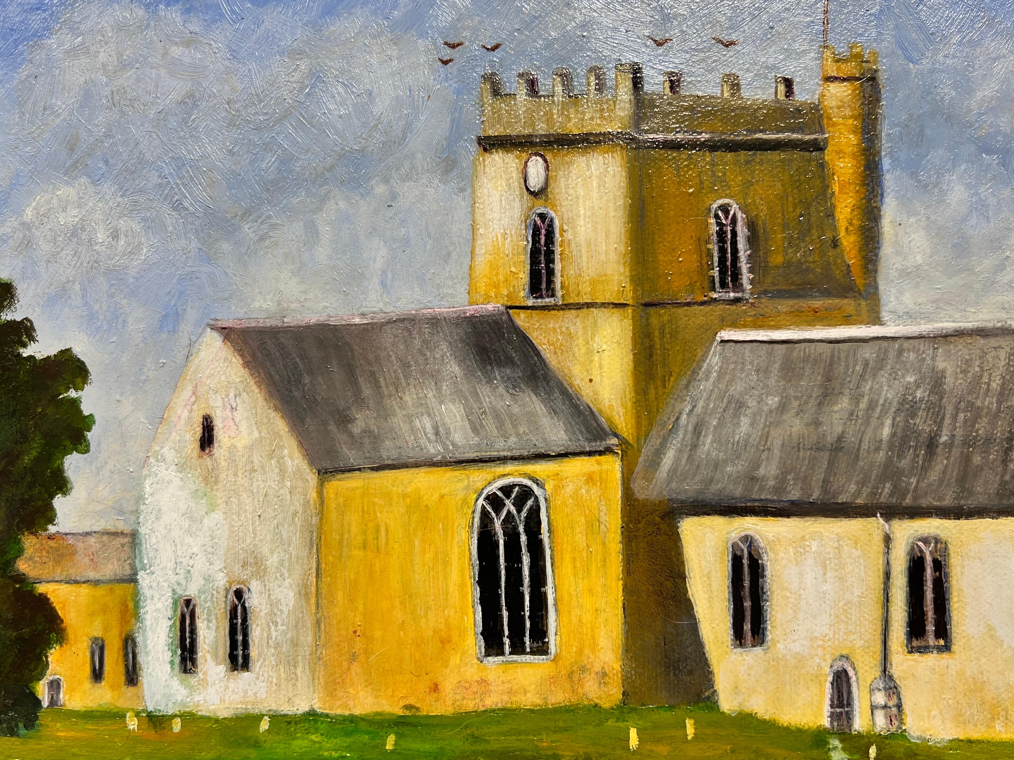 English Village Church with Two Men Chatting on Bench Original British Painting 1