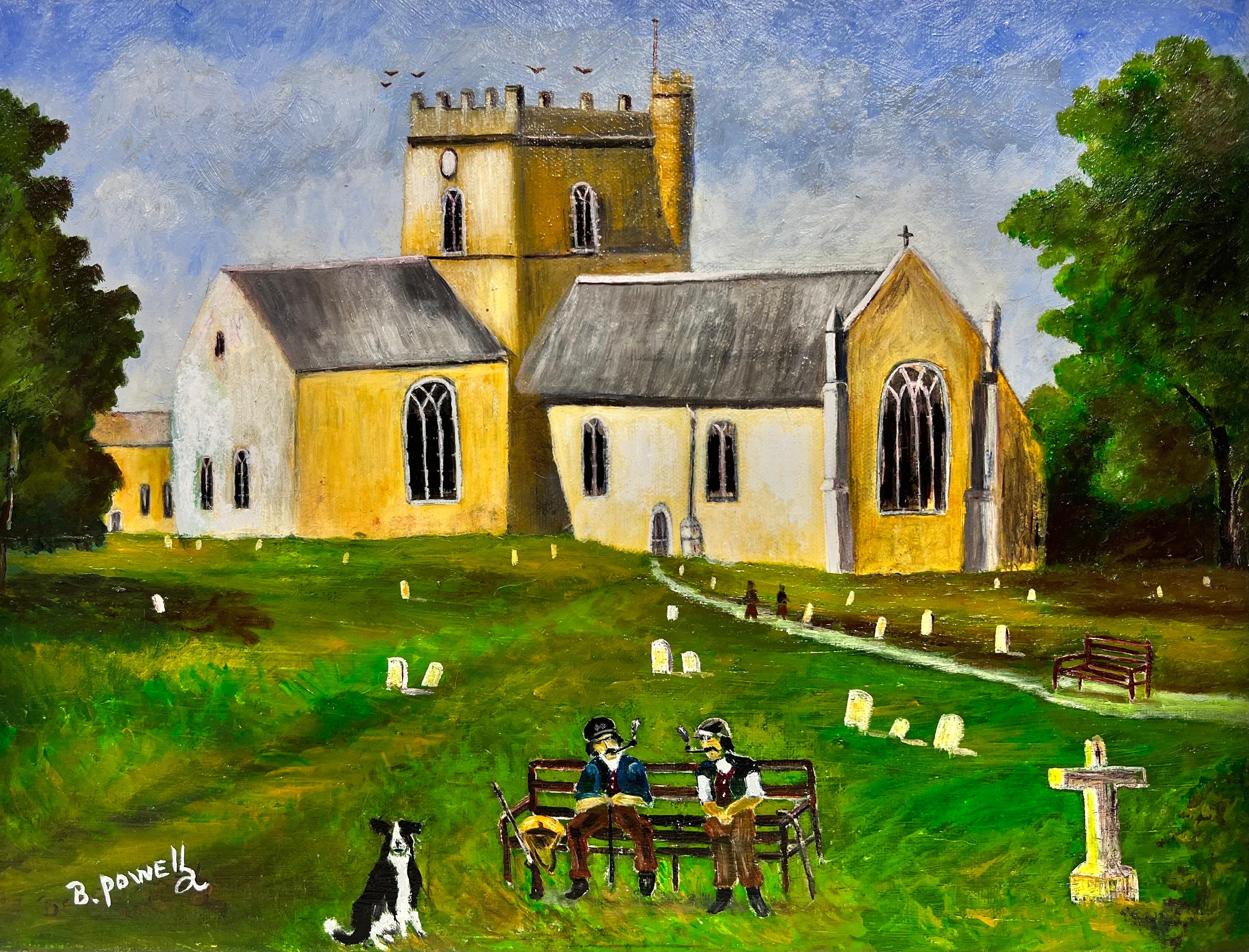 Ben Powell Landscape Painting - English Village Church with Two Men Chatting on Bench Original British Painting