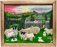 Farmer with Sheep & Dog in Valley Fields Contemporary British Painting