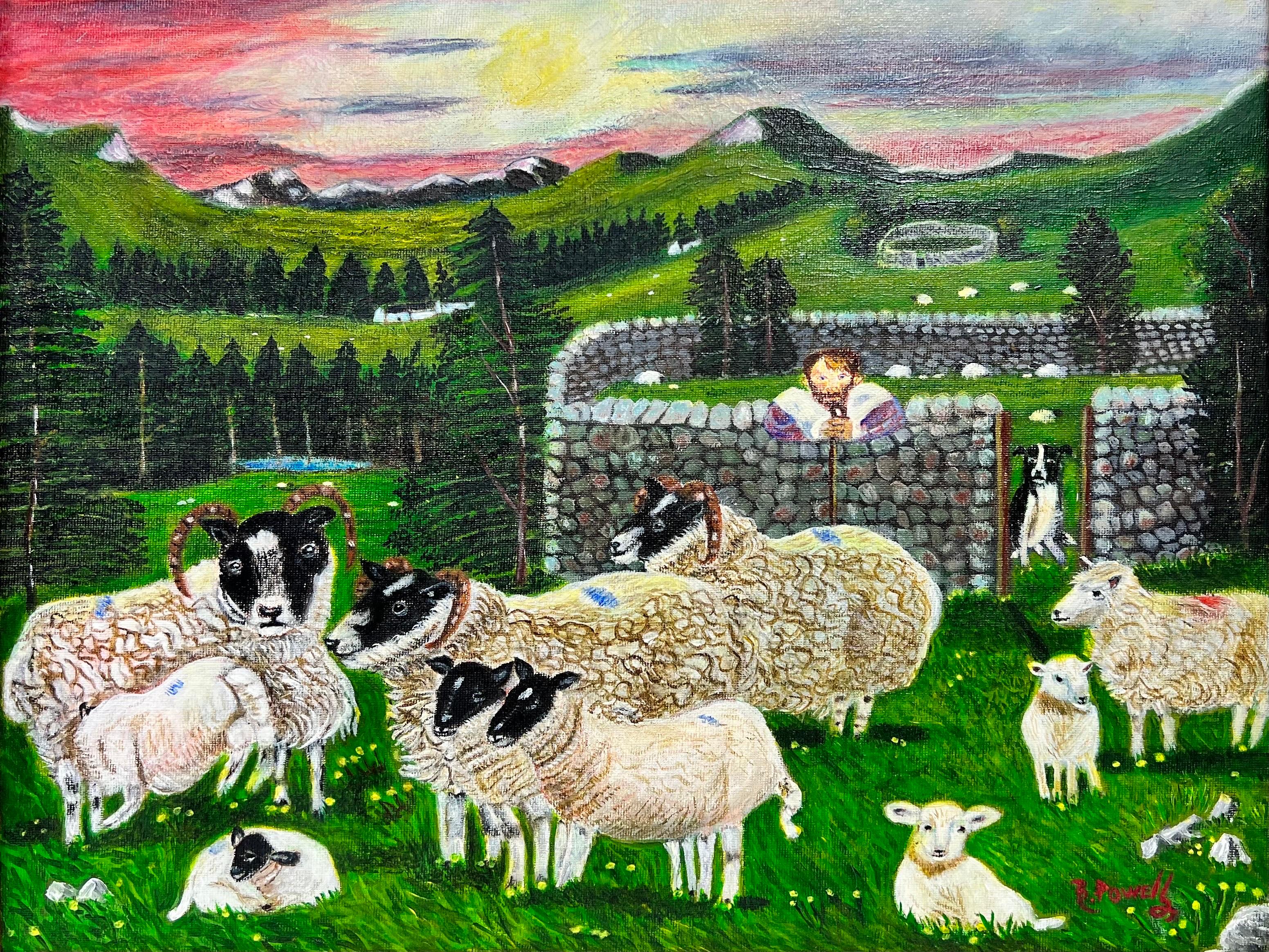 Ben Powell Animal Painting - Farmer with Sheep & Dog in Valley Fields Contemporary British Painting