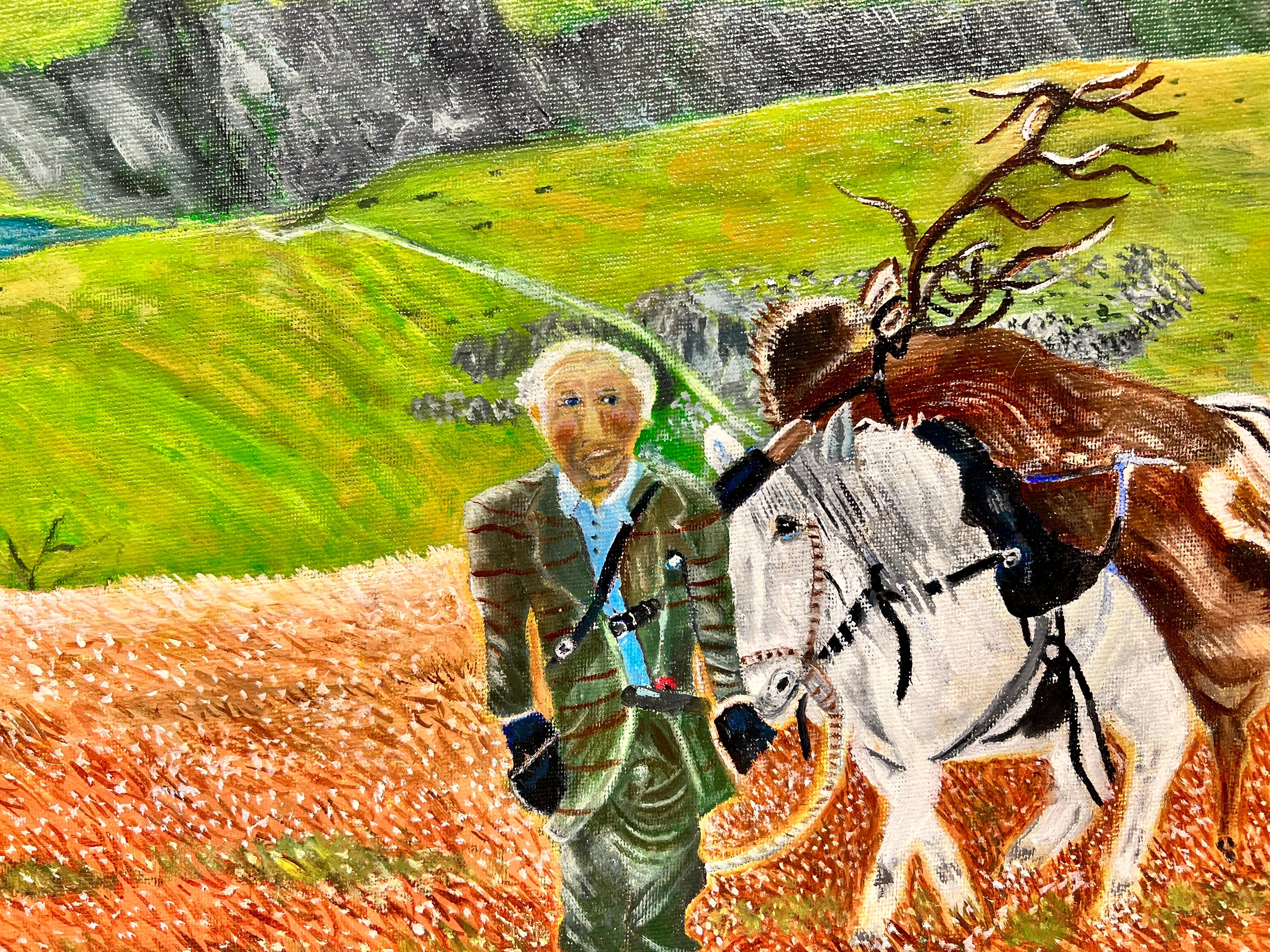 Gamekeeper Stalker in Scottish Highlands with Pony & Stag painting  - Painting by Ben Powell