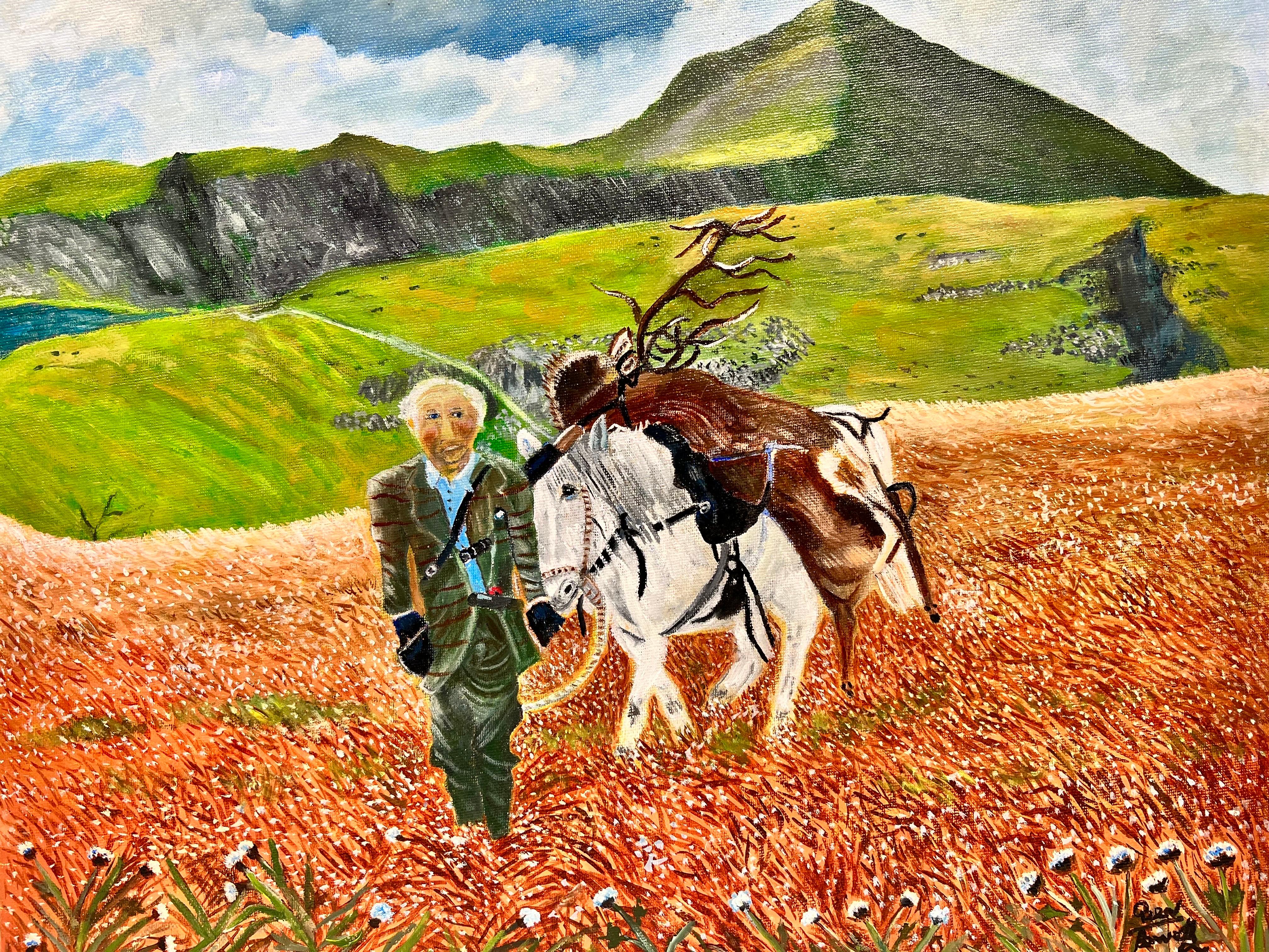Ben Powell Landscape Painting - Gamekeeper Stalker in Scottish Highlands with Pony & Stag painting 