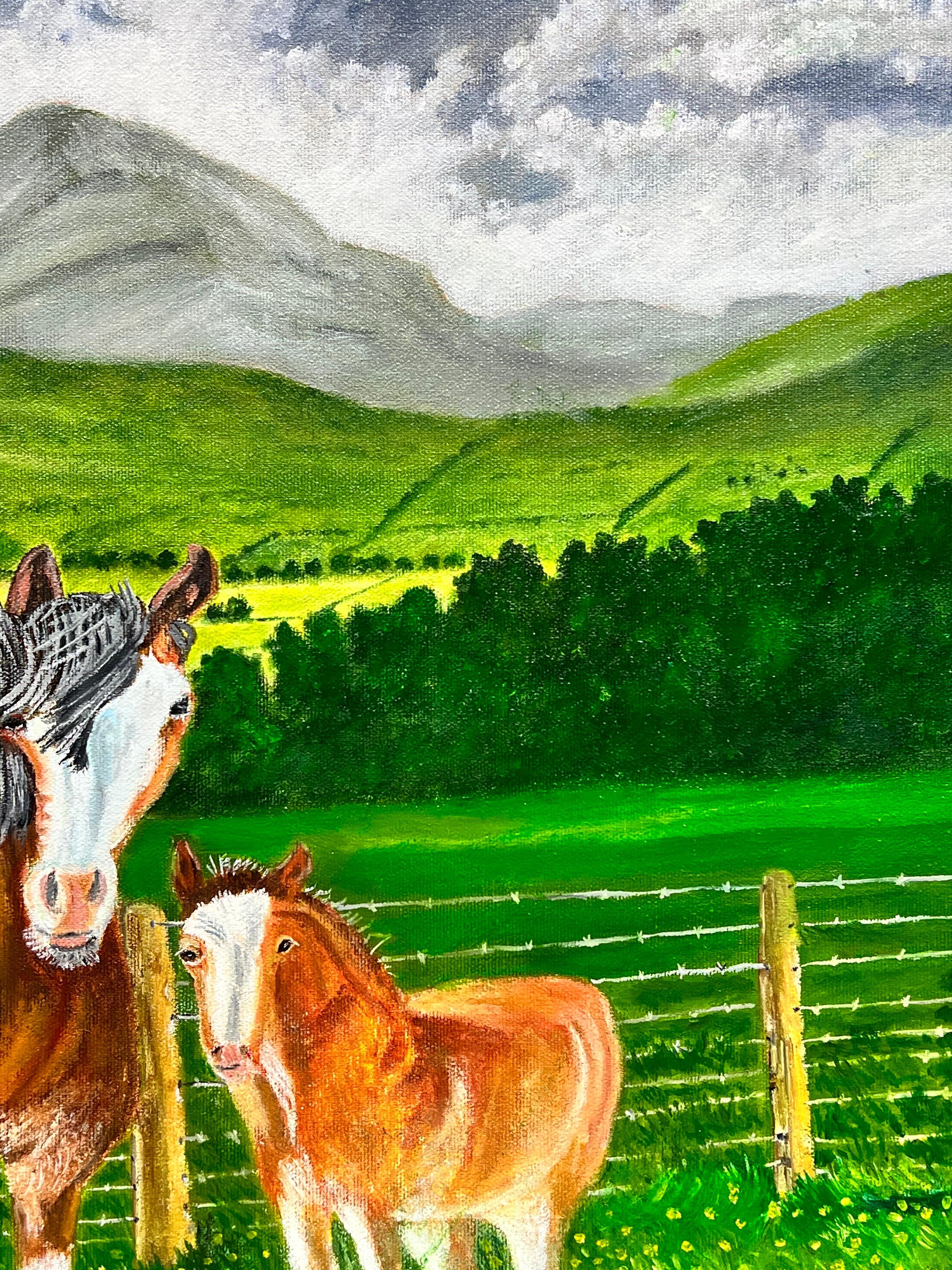 Horse & Foal in Mountain Landscape Contemporary British Painting For Sale 1