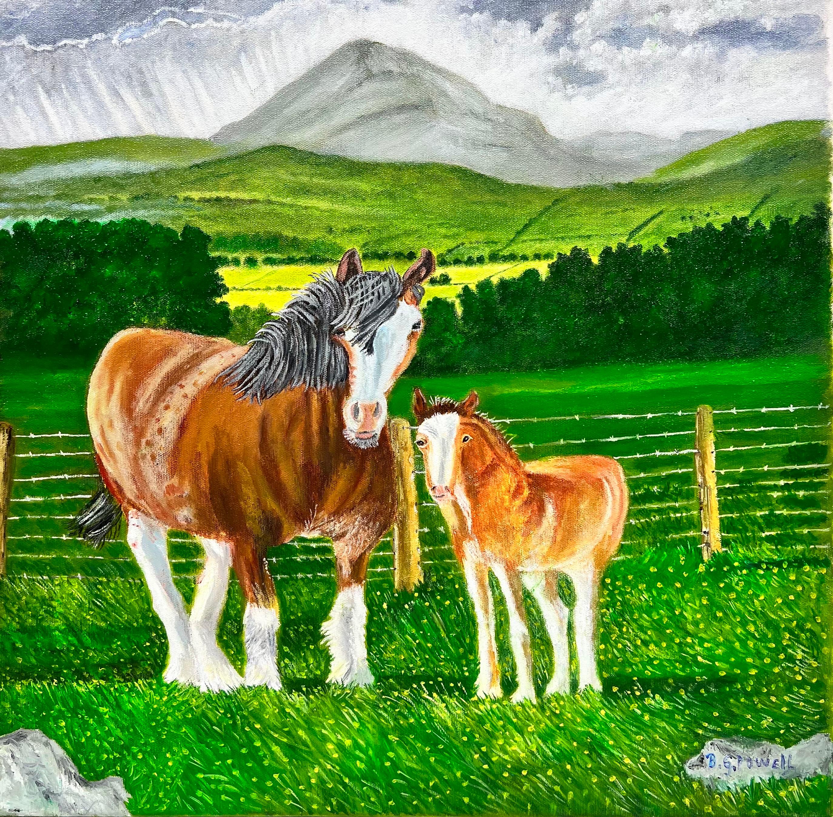 Ben Powell Landscape Painting - Horse & Foal in Mountain Landscape Contemporary British Painting