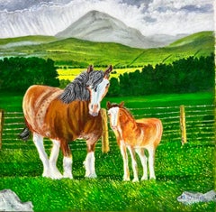 Horse & Foal in Mountain Landscape Contemporary British Painting