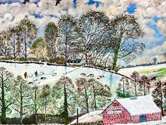 Huge 20th Century British Naive Welsh Oil Painting Village Life in Winter Snow