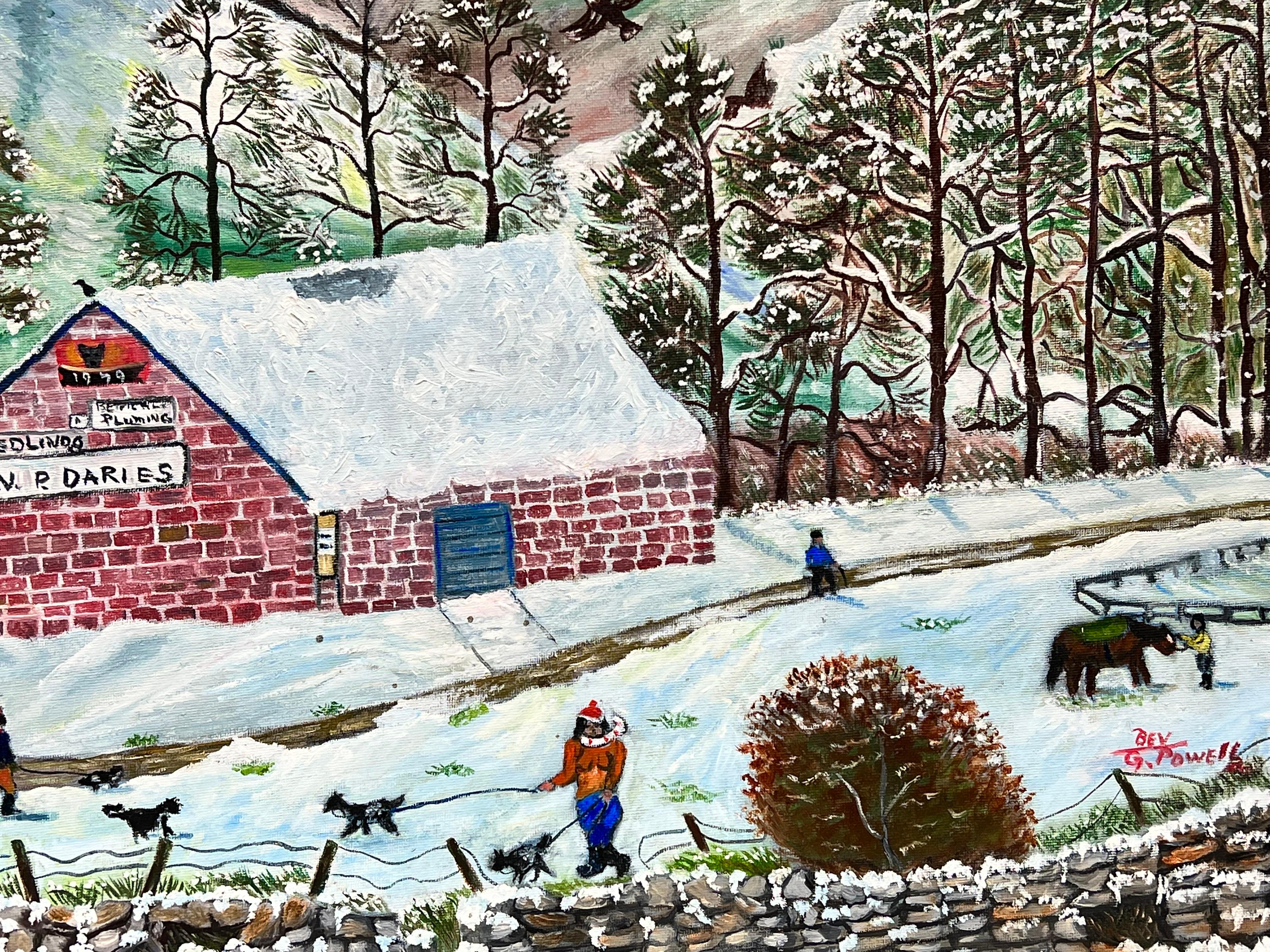 Huge 20th Century British Naive Welsh Oil Painting Village Life in Winter Snow For Sale 1