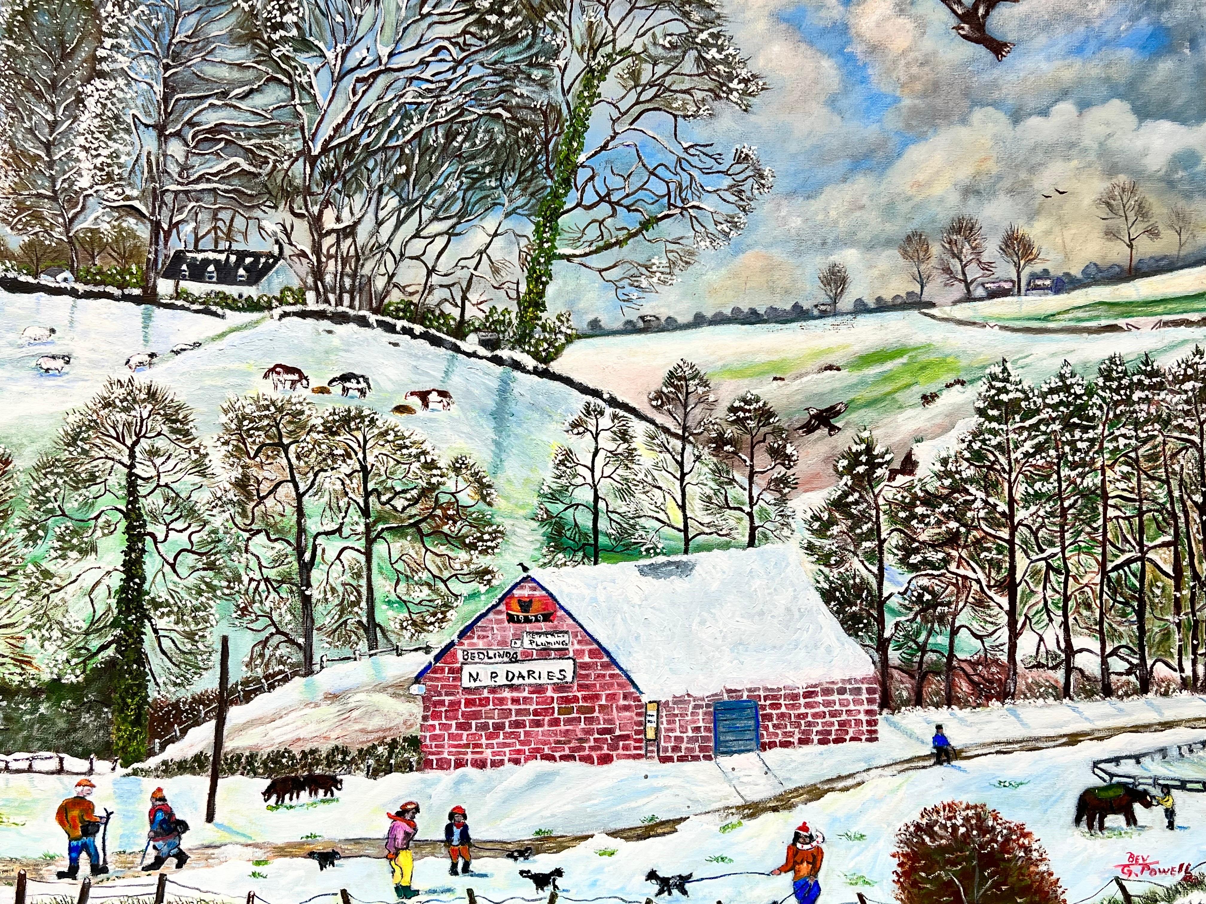Huge 20th Century British Naive Welsh Oil Painting Village Life in Winter Snow For Sale 2