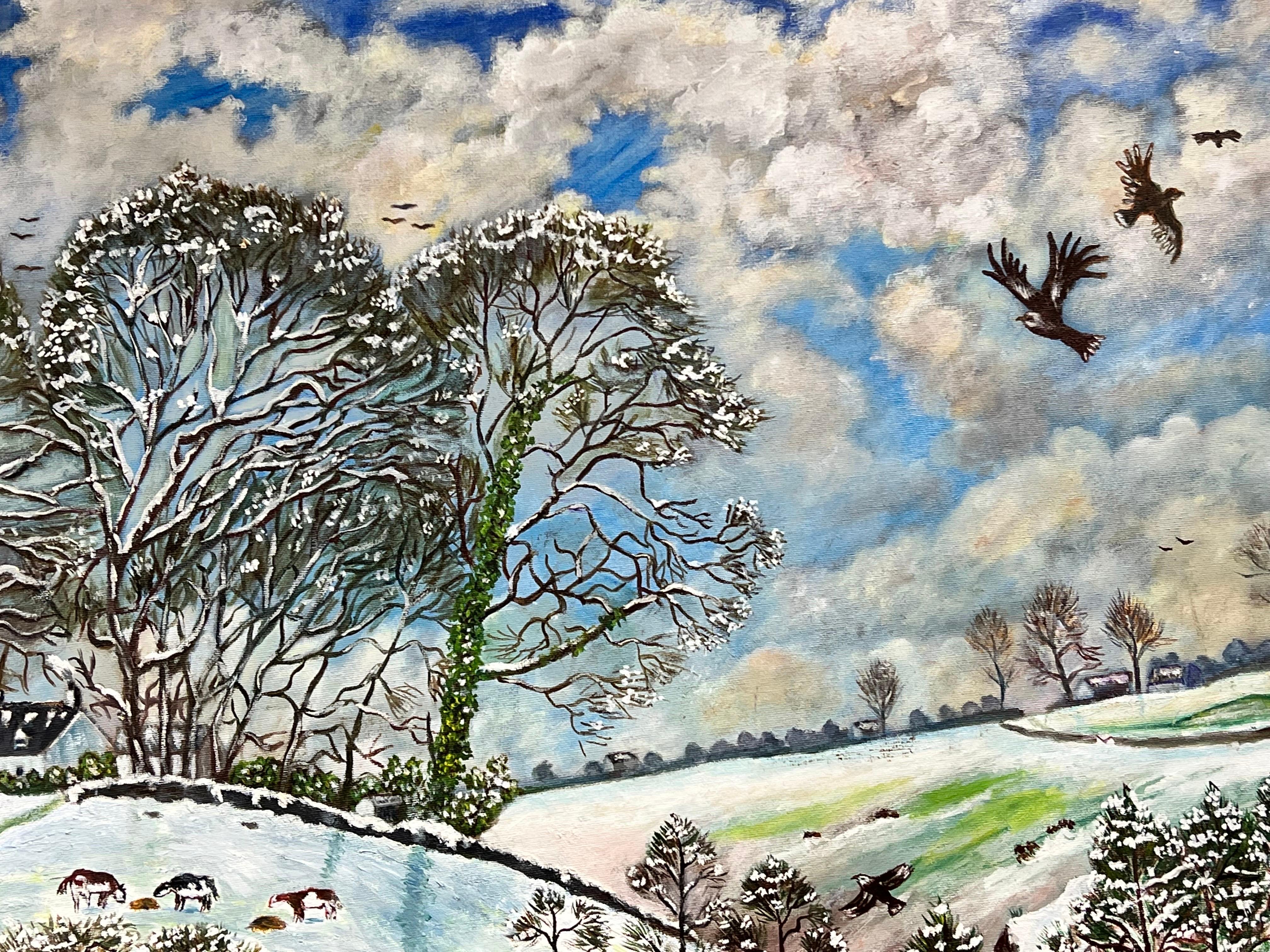 Huge 20th Century British Naive Welsh Oil Painting Village Life in Winter Snow For Sale 3