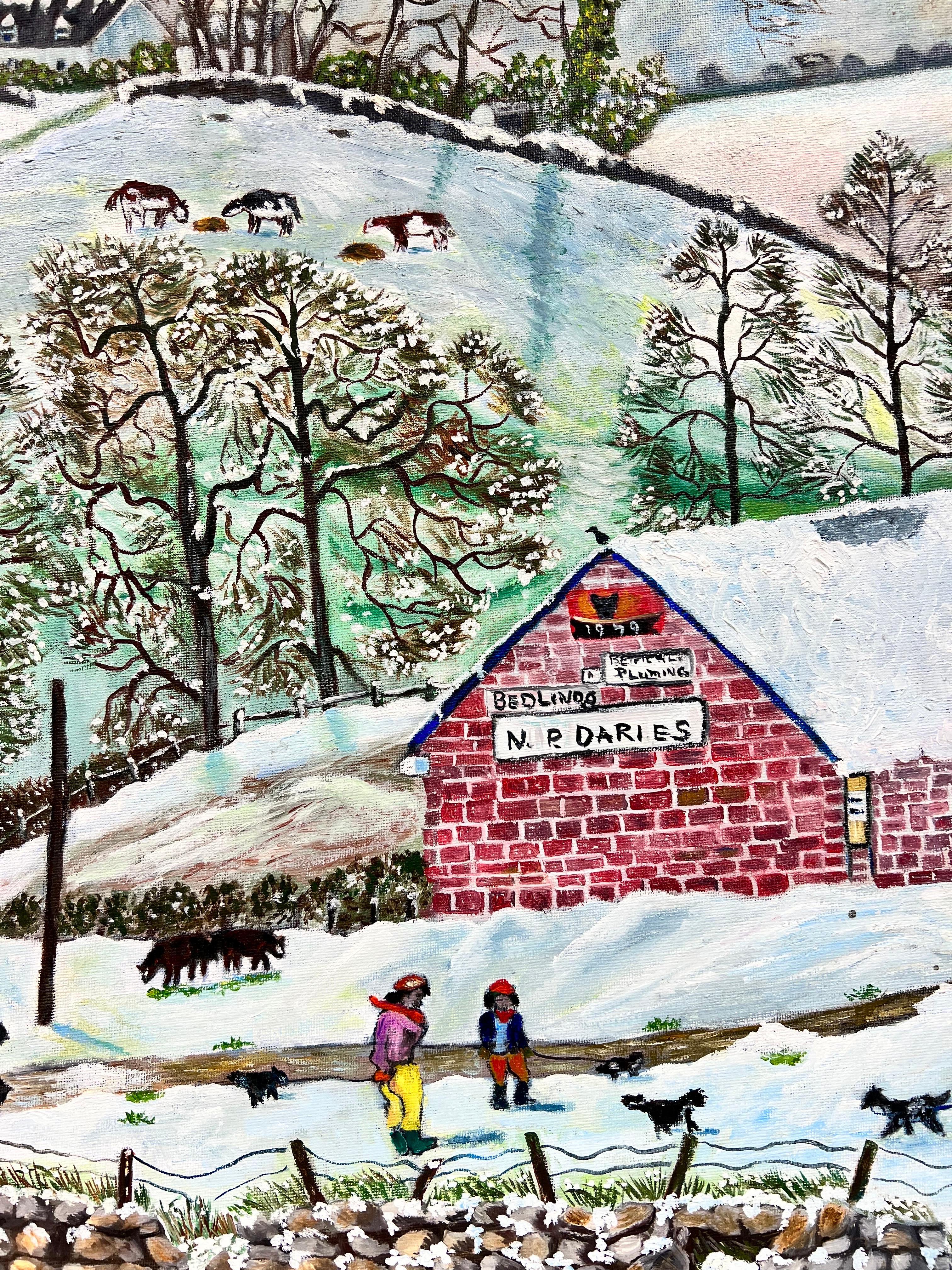 Huge 20th Century British Naive Welsh Oil Painting Village Life in Winter Snow For Sale 4