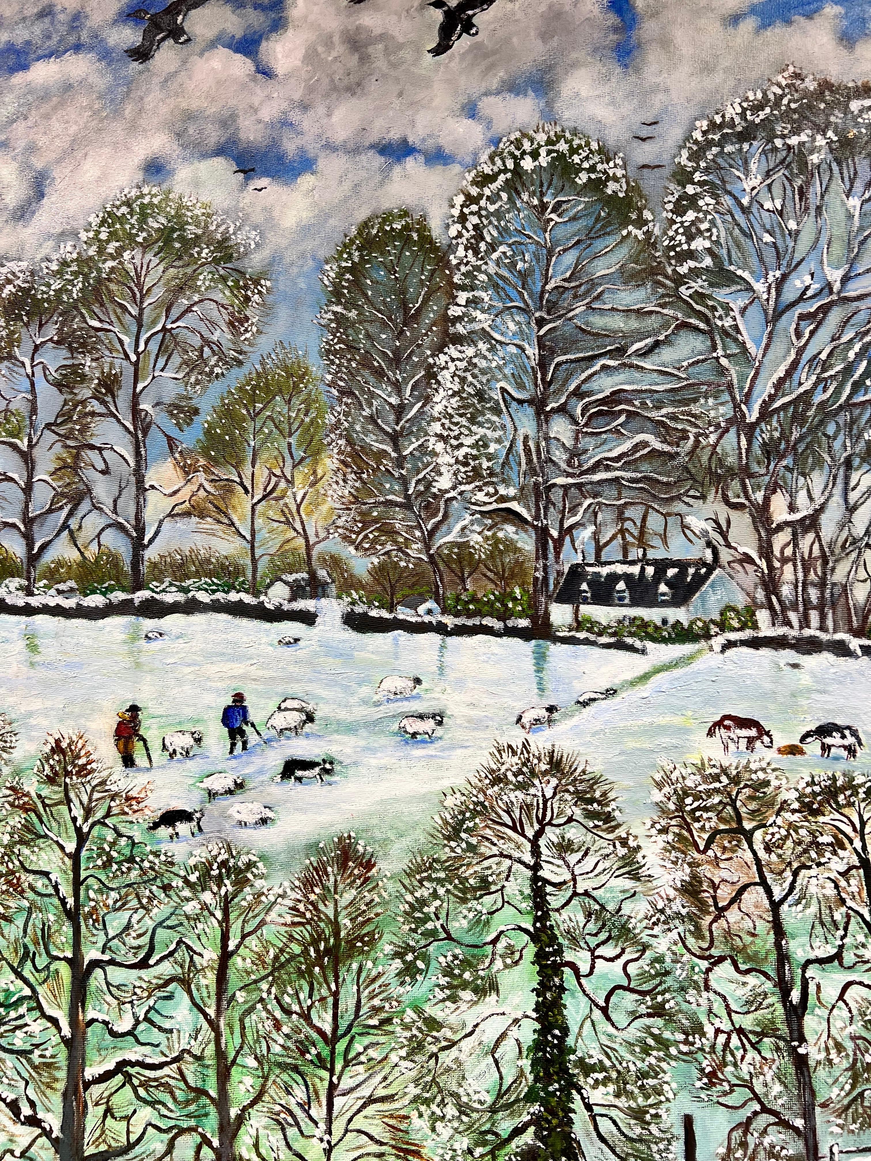 Huge 20th Century British Naive Welsh Oil Painting Village Life in Winter Snow For Sale 5