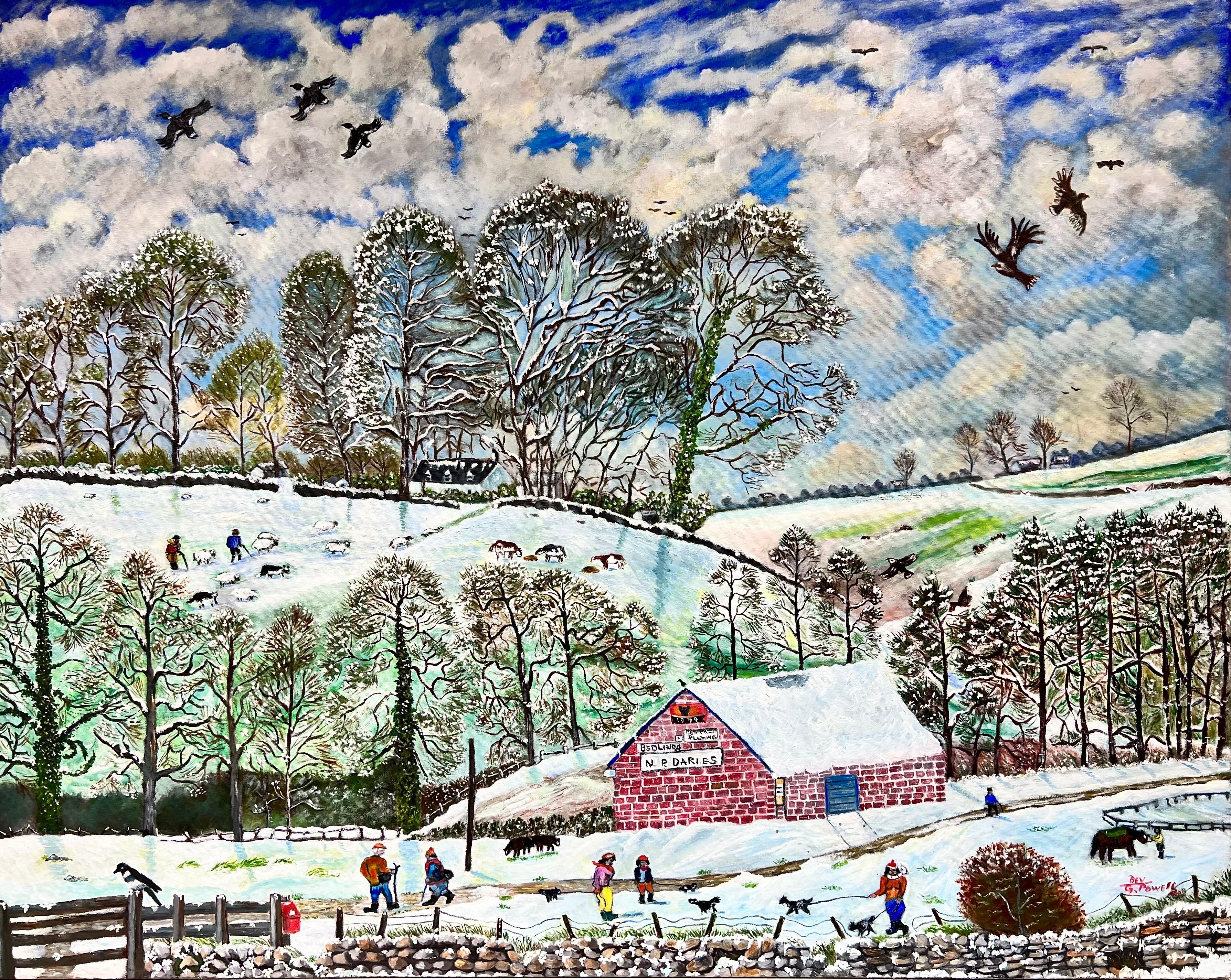 Ben Powell Landscape Painting - Huge 20th Century British Naive Welsh Oil Painting Village Life in Winter Snow