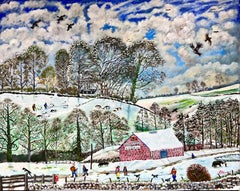 Enorme pintura al óleo galesa ingenua británica del siglo XX Vida en un pueblo con nieve en invierno