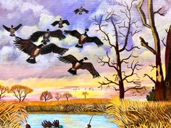 Mallards in Flight over Pond at Sunset Dusk Modern British Painting on Canvas