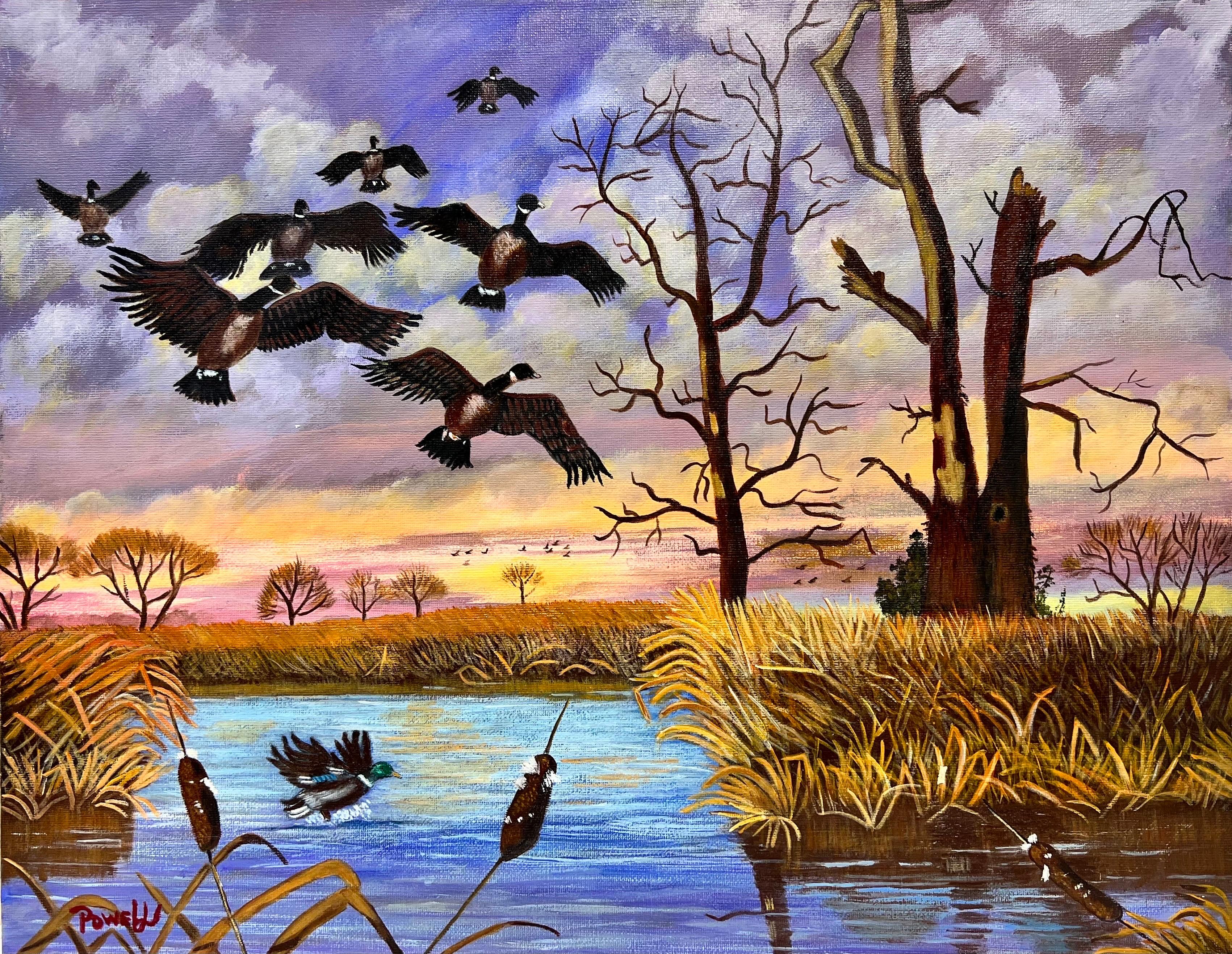 Mallards in Flight over Pond at Sunset Dusk, modernes britisches Gemälde auf Leinwand