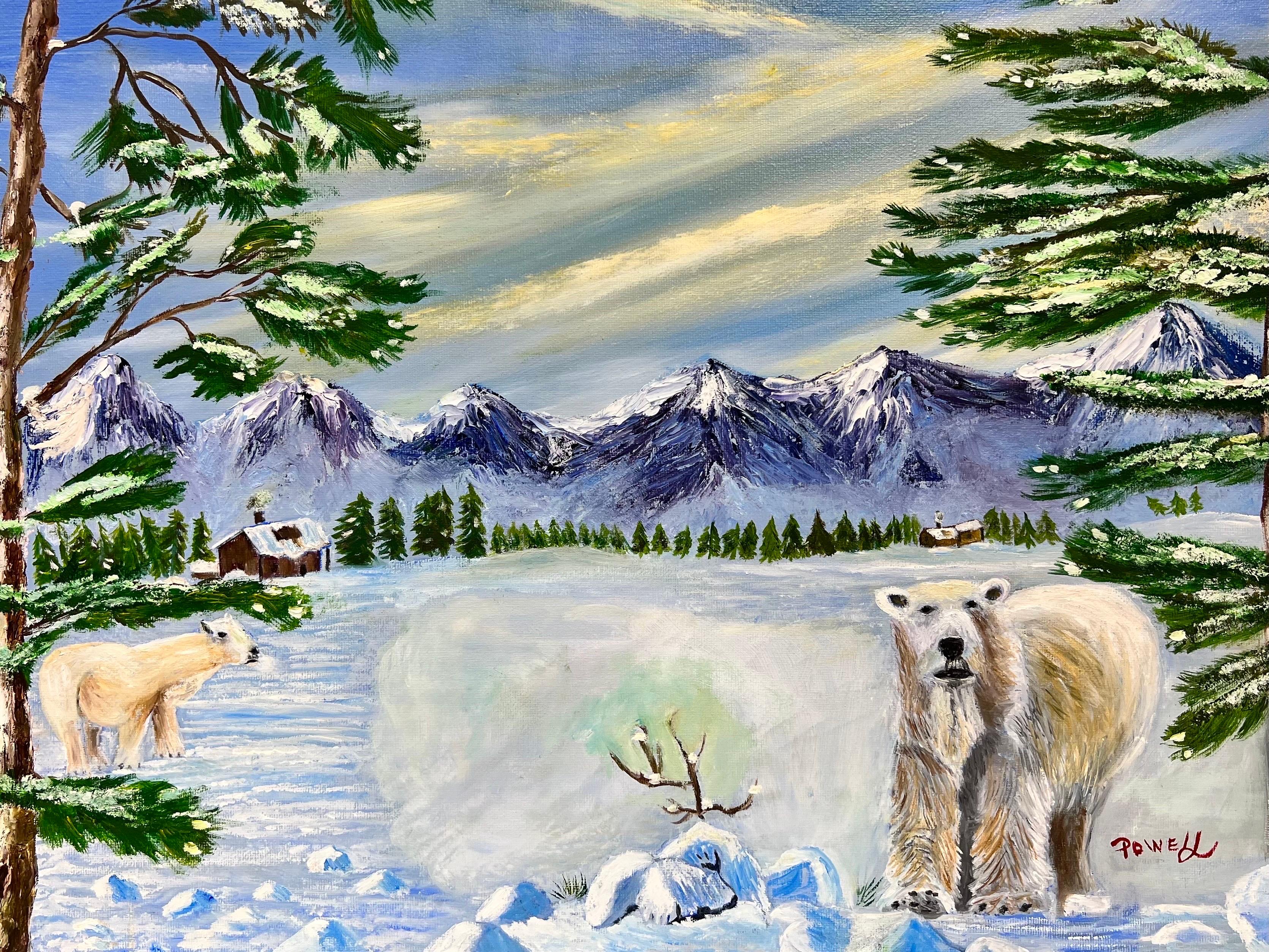 Pittura contemporanea inglese naif Due orsi polari in un paesaggio invernale - Painting di Ben Powell