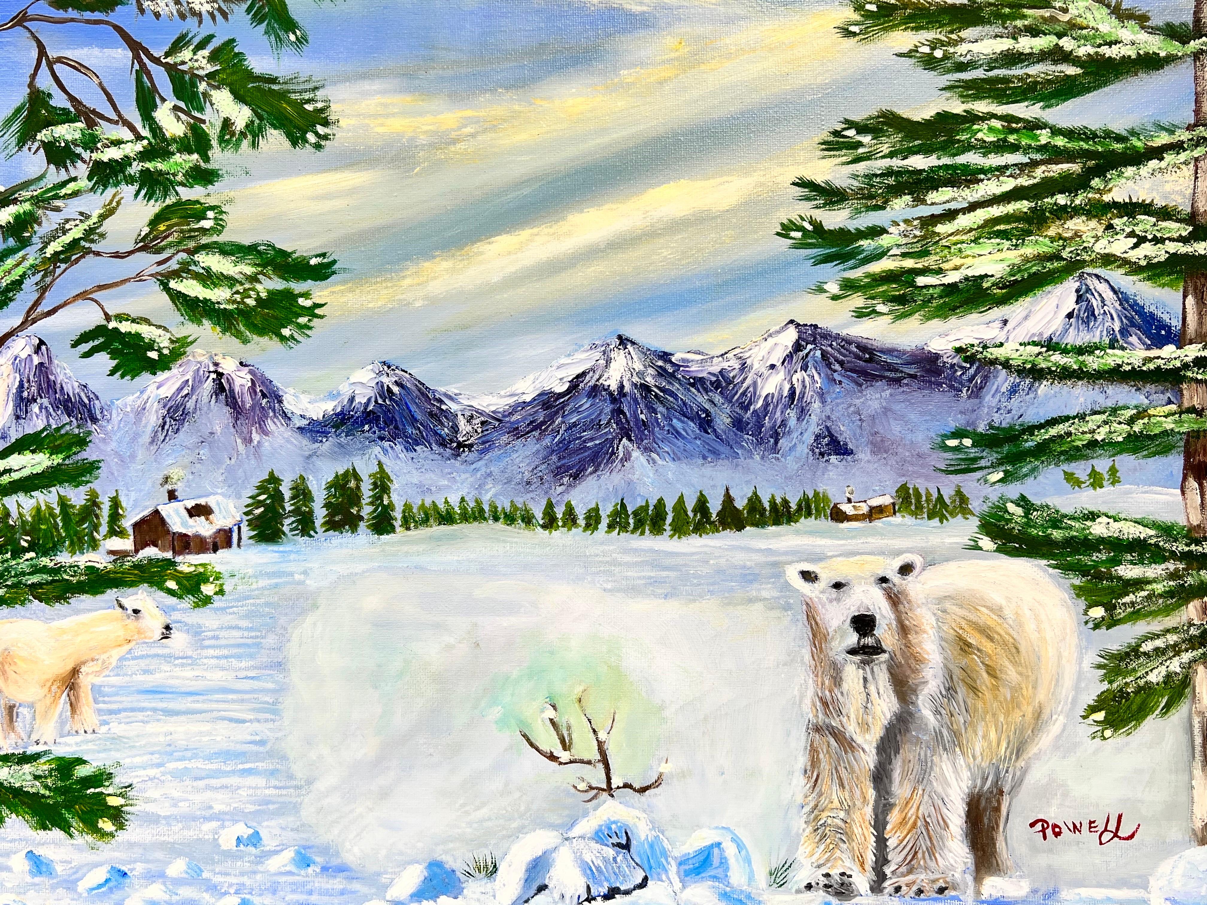 Pittura contemporanea inglese naif Due orsi polari in un paesaggio invernale - Painting Moderno di Ben Powell