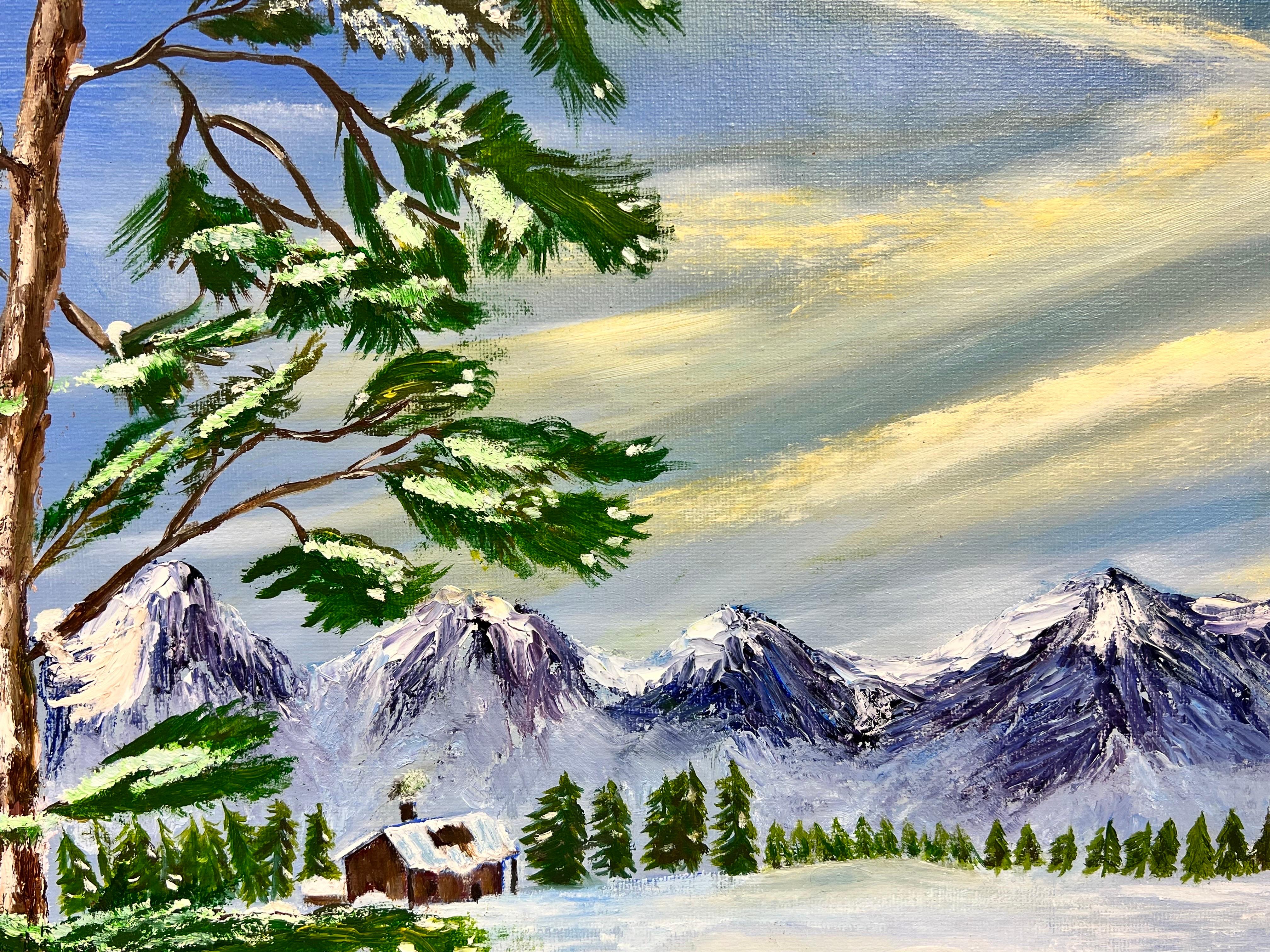 Pittura contemporanea inglese naif Due orsi polari in un paesaggio invernale - Landscape Painting Grigio di Ben Powell
