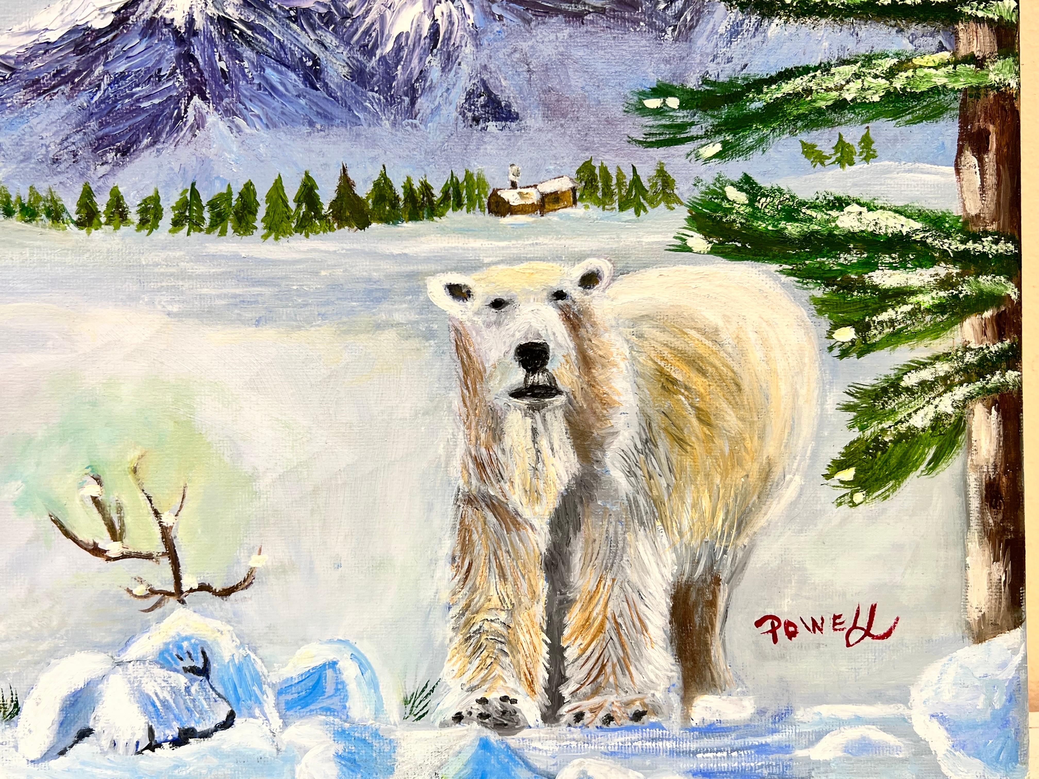 Pittura contemporanea inglese naif Due orsi polari in un paesaggio invernale in vendita 2