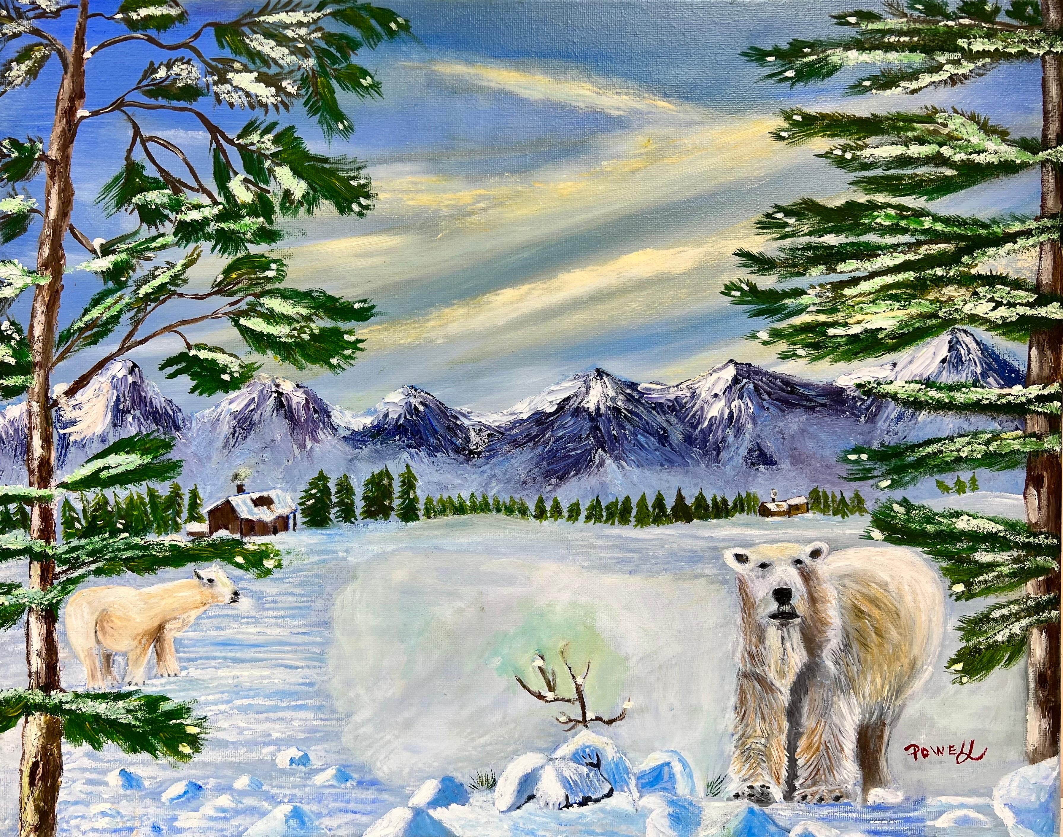 Pittura contemporanea inglese naif Due orsi polari in un paesaggio invernale