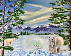 Pittura contemporanea inglese naif Due orsi polari in un paesaggio invernale