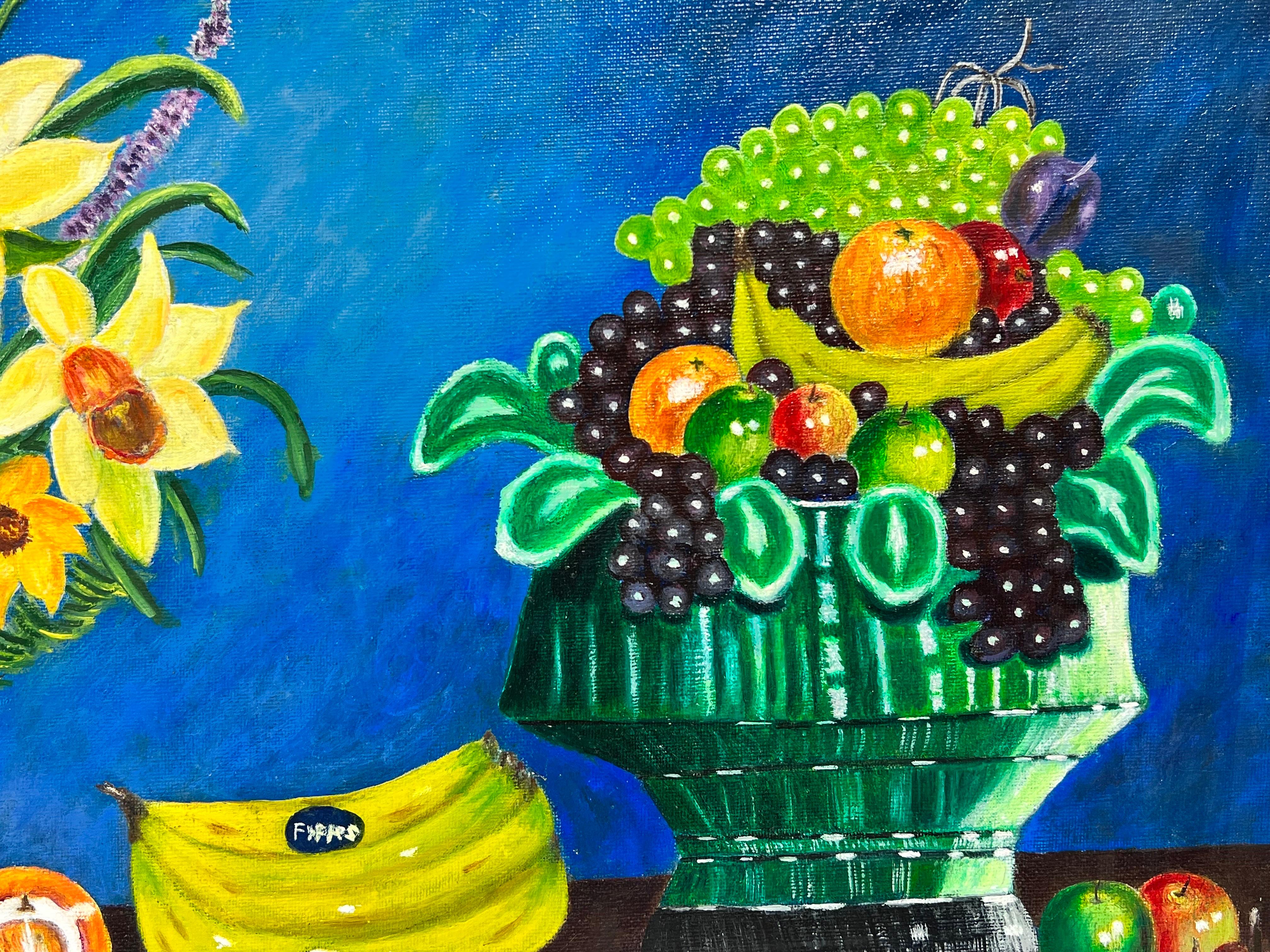 Naive Colorful Still Life Fruit Oil Painting Ornamenti da tavolo - Still-Life Painting Blu di Ben Powell