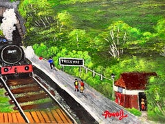 Old Steam Train going under Bridge in Welsh Landscape Contemporary Painting