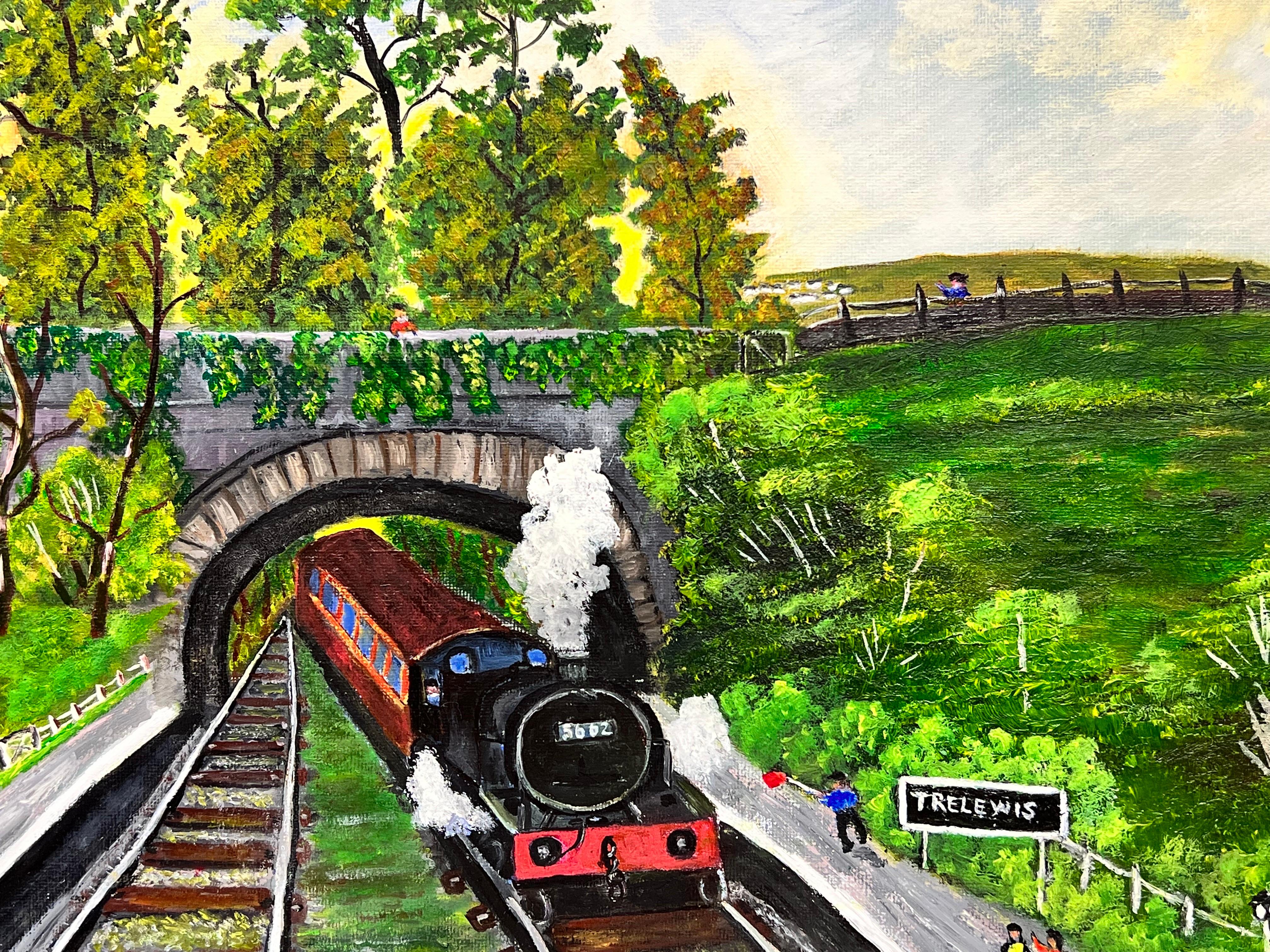 Old Steam Train going under Bridge in Welsh Landscape Contemporary Painting  For Sale 1