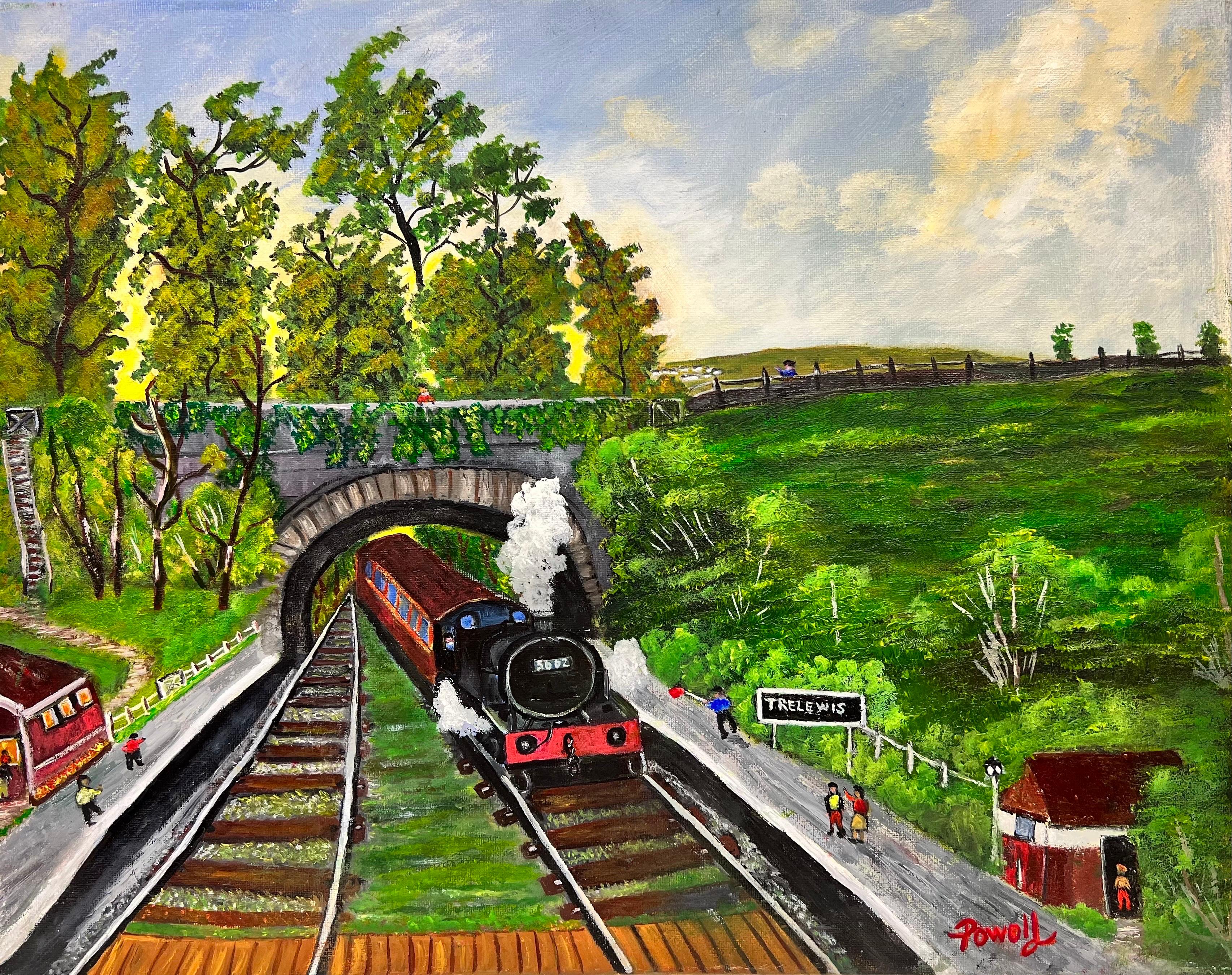 Ben Powell Landscape Painting - Old Steam Train going under Bridge in Welsh Landscape Contemporary Painting 