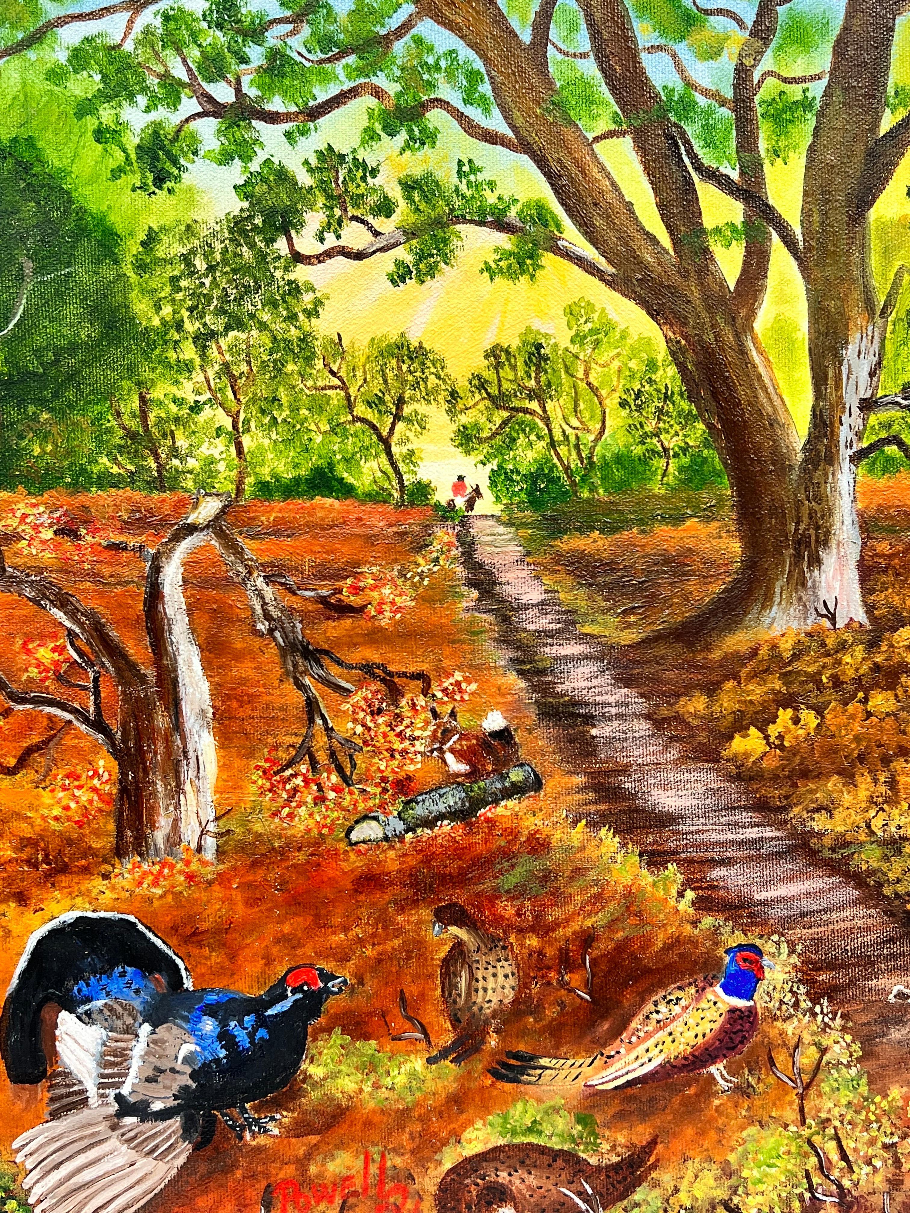 Pheasants in Golden Autumn Leaves Woodland Pathway Contemporary British painting - Painting by Ben Powell