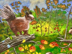 Squirrels in Autumn Landscape Modern British Painting