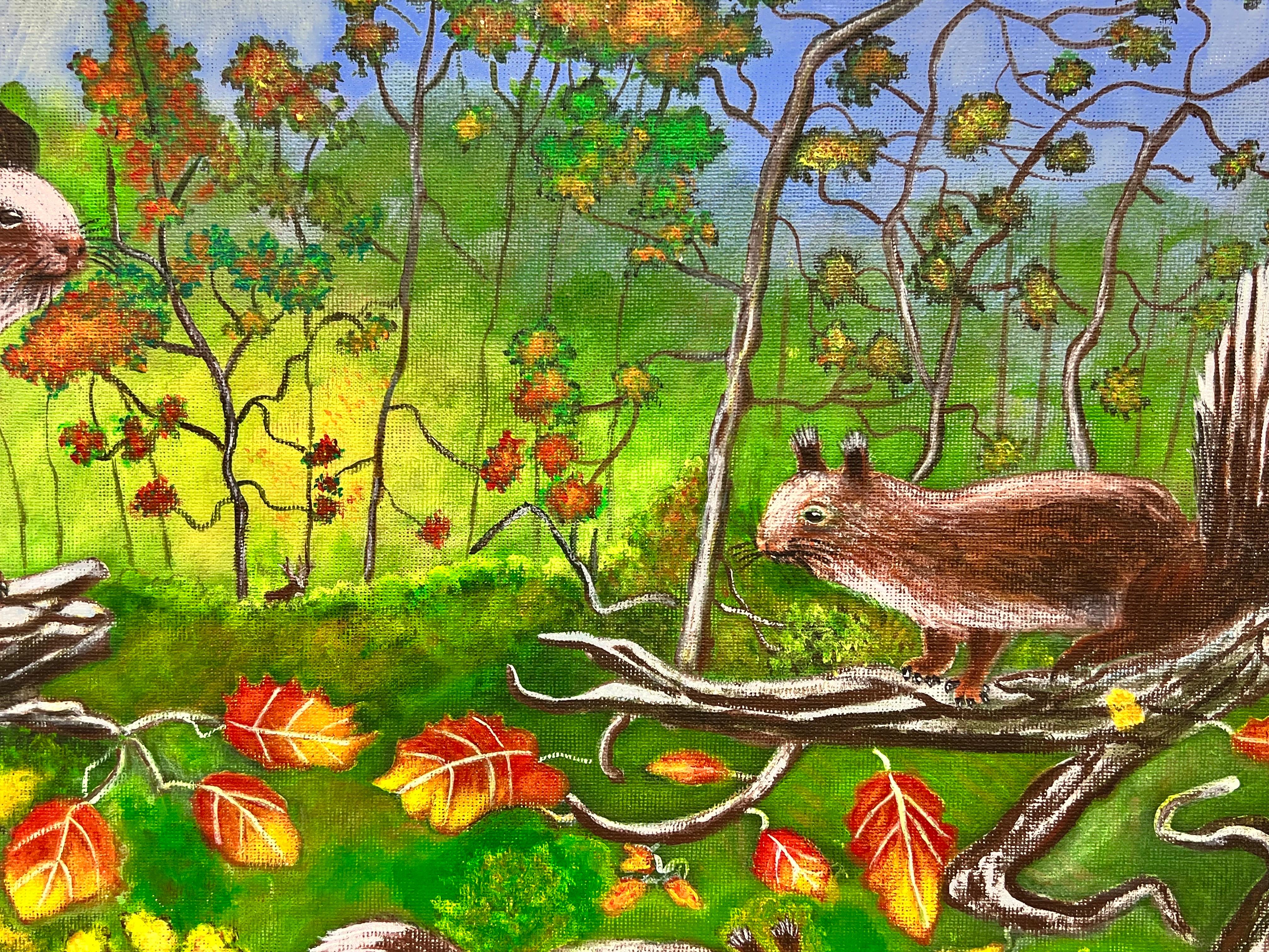 Eichhörnchen in Herbstlandschaft Moderne britische Malerei (Grau), Landscape Painting, von Ben Powell