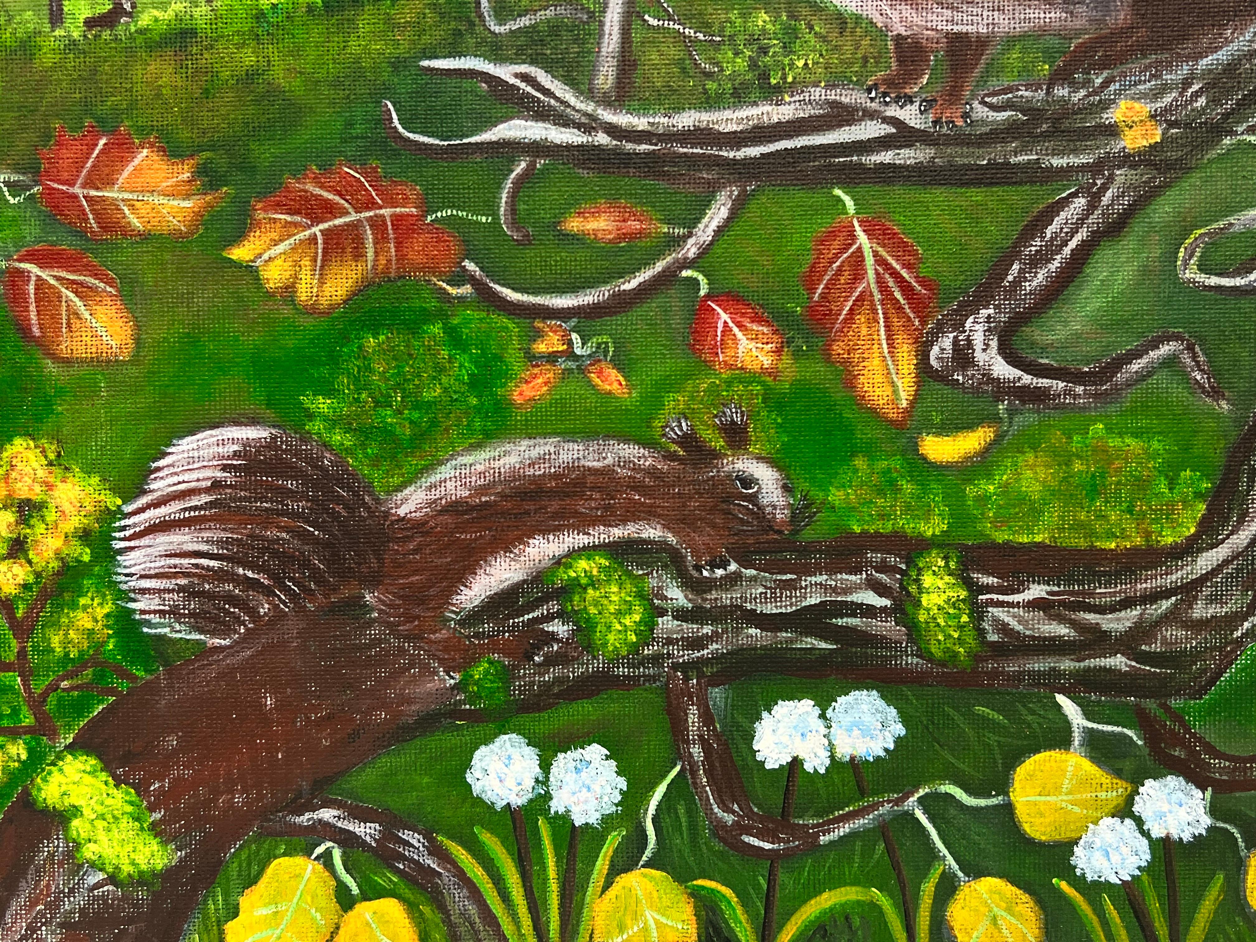 Écureuils dans un paysage d'automne The Modern British Painting en vente 2