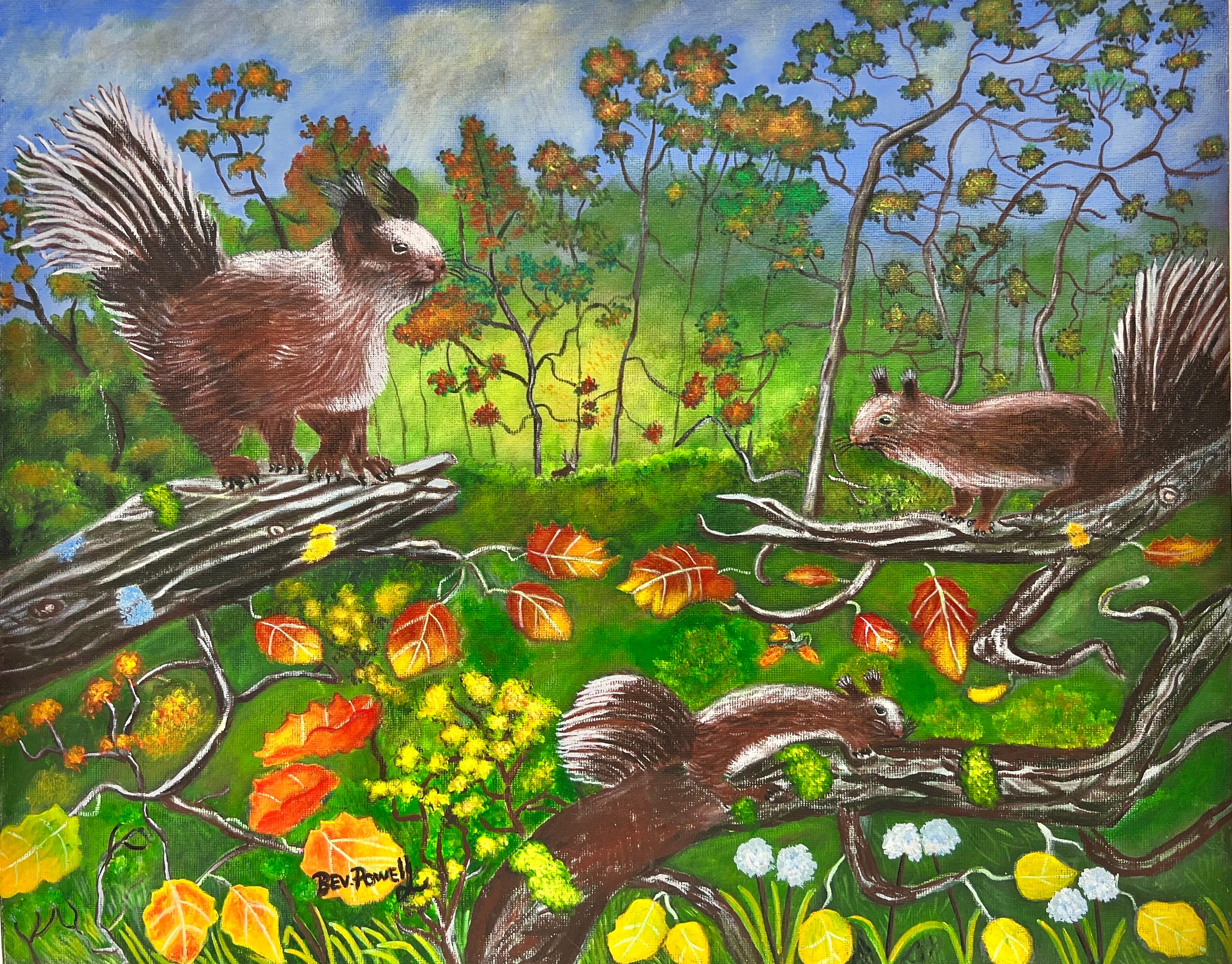 Squirrels in Autumn Landscape Modern British Painting