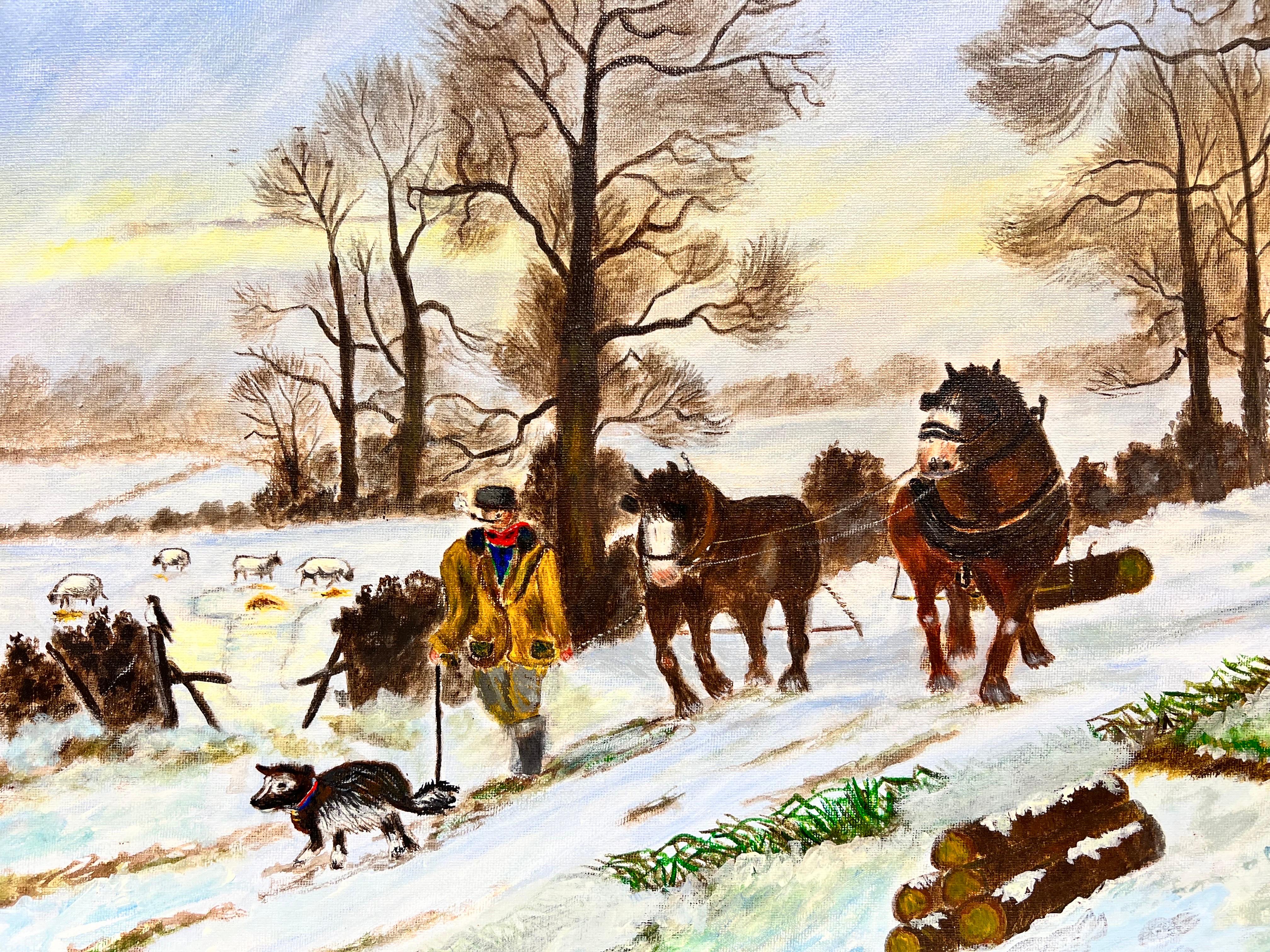 The Logging Team Farmer with Heavy Horses Pulling Timber in Woodland Snow - Painting by Ben Powell